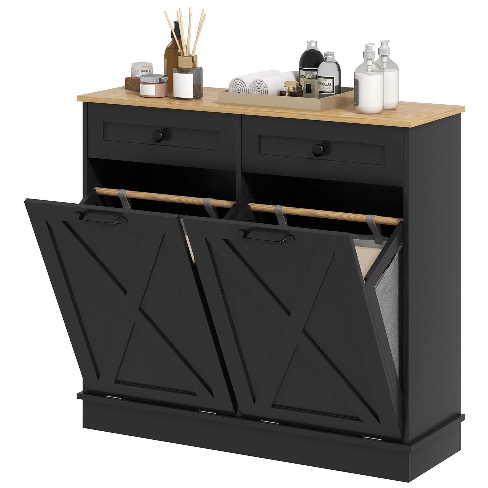 HOMCOM Tilt Out Laundry Hamper Cabinet, Bathroom Storage Cabinet with 2 Removable Baskets and 2 Drawers, Black