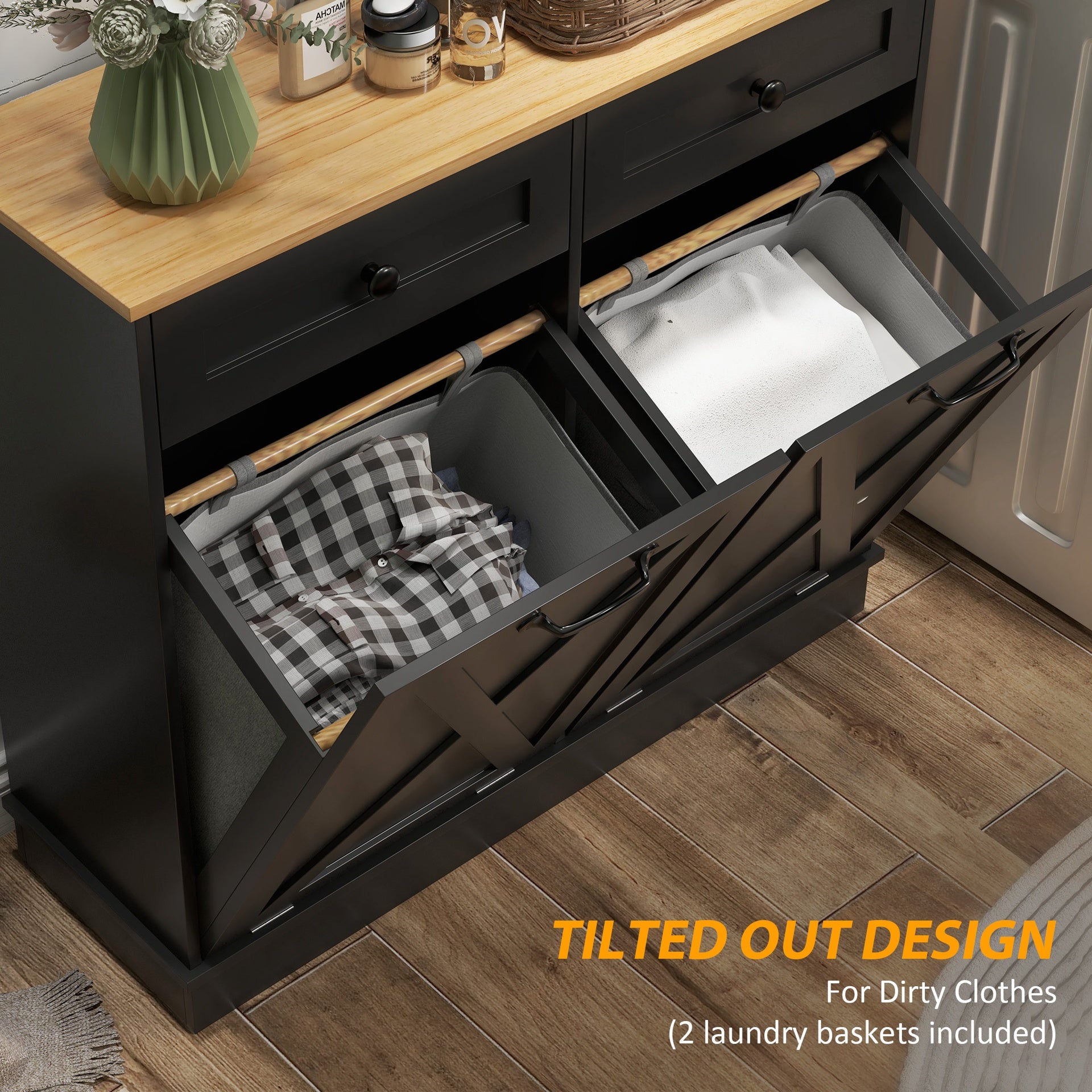 HOMCOM Tilt Out Laundry Hamper Cabinet, Bathroom Storage Cabinet with 2 Removable Baskets and 2 Drawers, Black