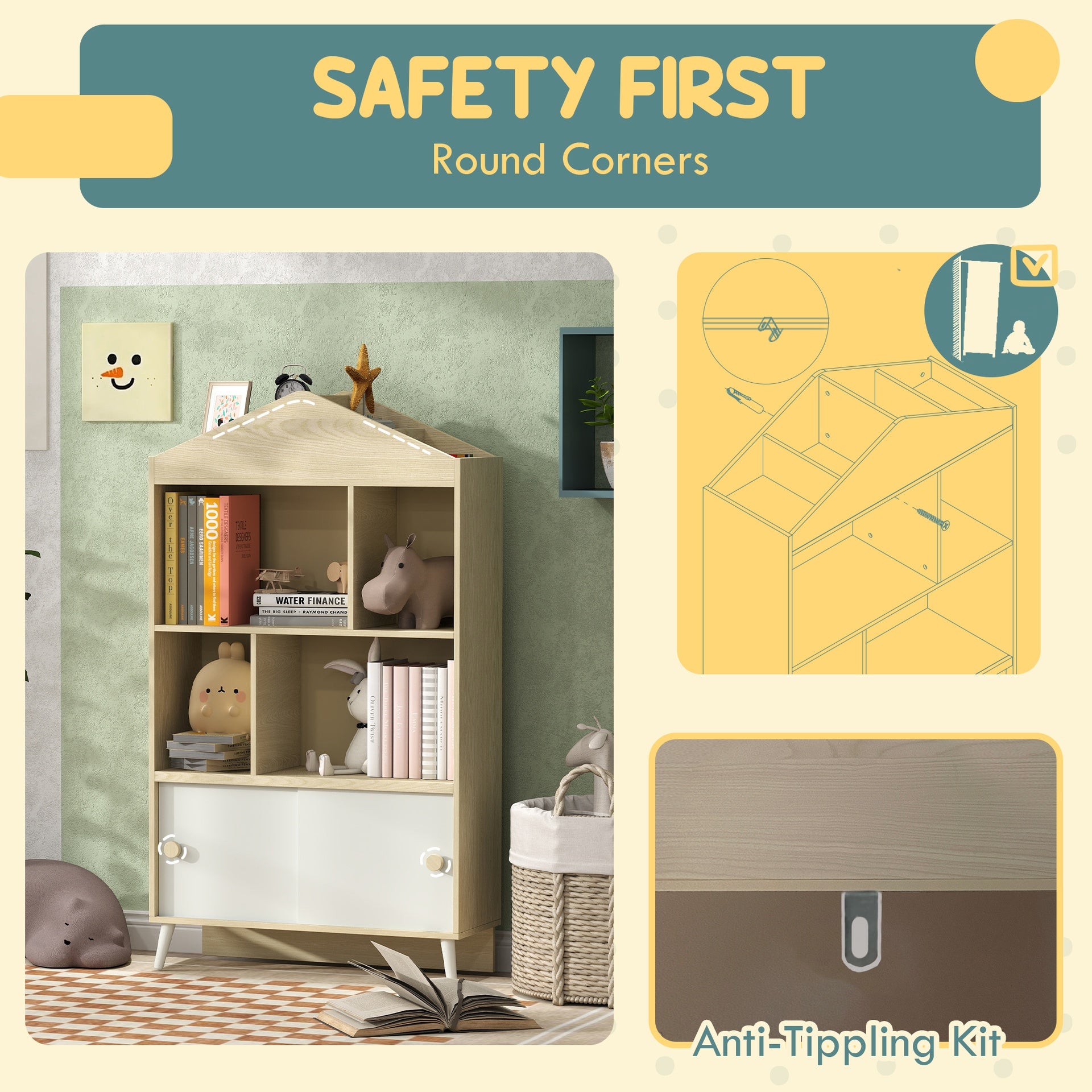 Qaba 4-Cubby Children's Toy Shelf, Kids Bookshelf and Toy Storage for Playroom, Children's Room, Living Room,