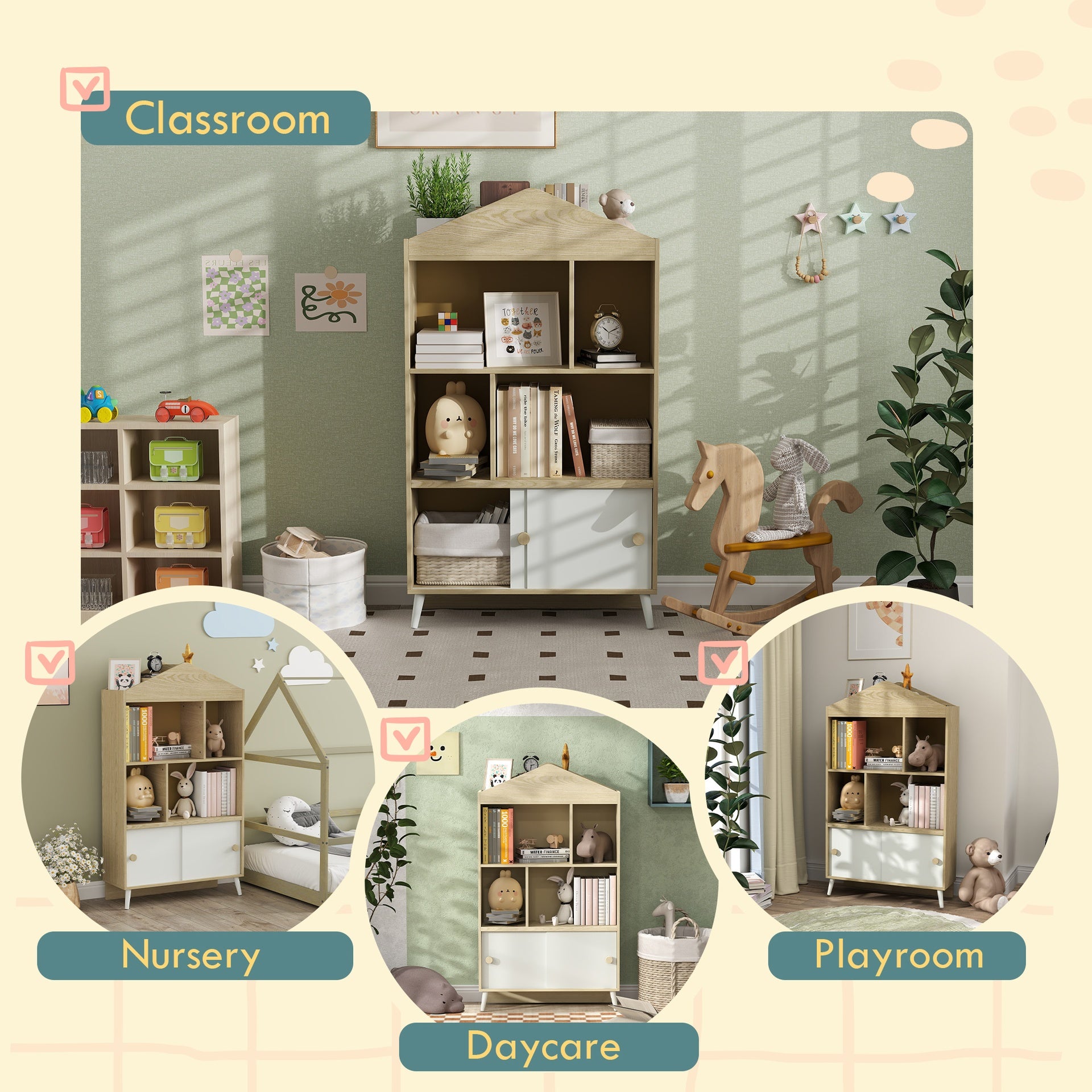 Qaba 4-Cubby Children's Toy Shelf, Kids Bookshelf and Toy Storage for Playroom, Children's Room, Living Room,