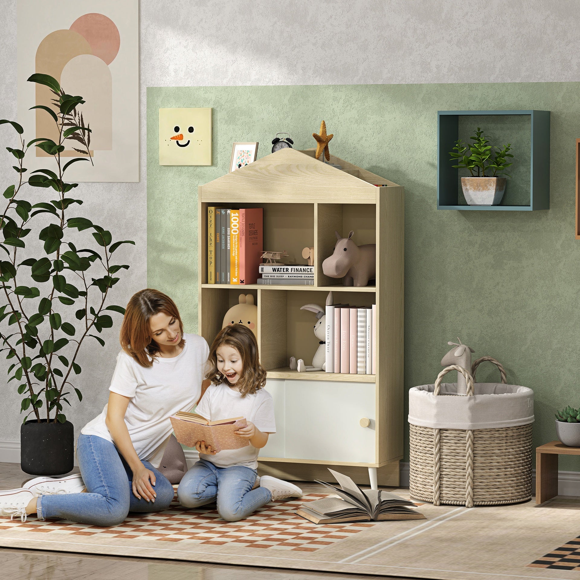 Qaba 4-Cubby Children's Toy Shelf, Kids Bookshelf and Toy Storage for Playroom, Children's Room, Living Room,