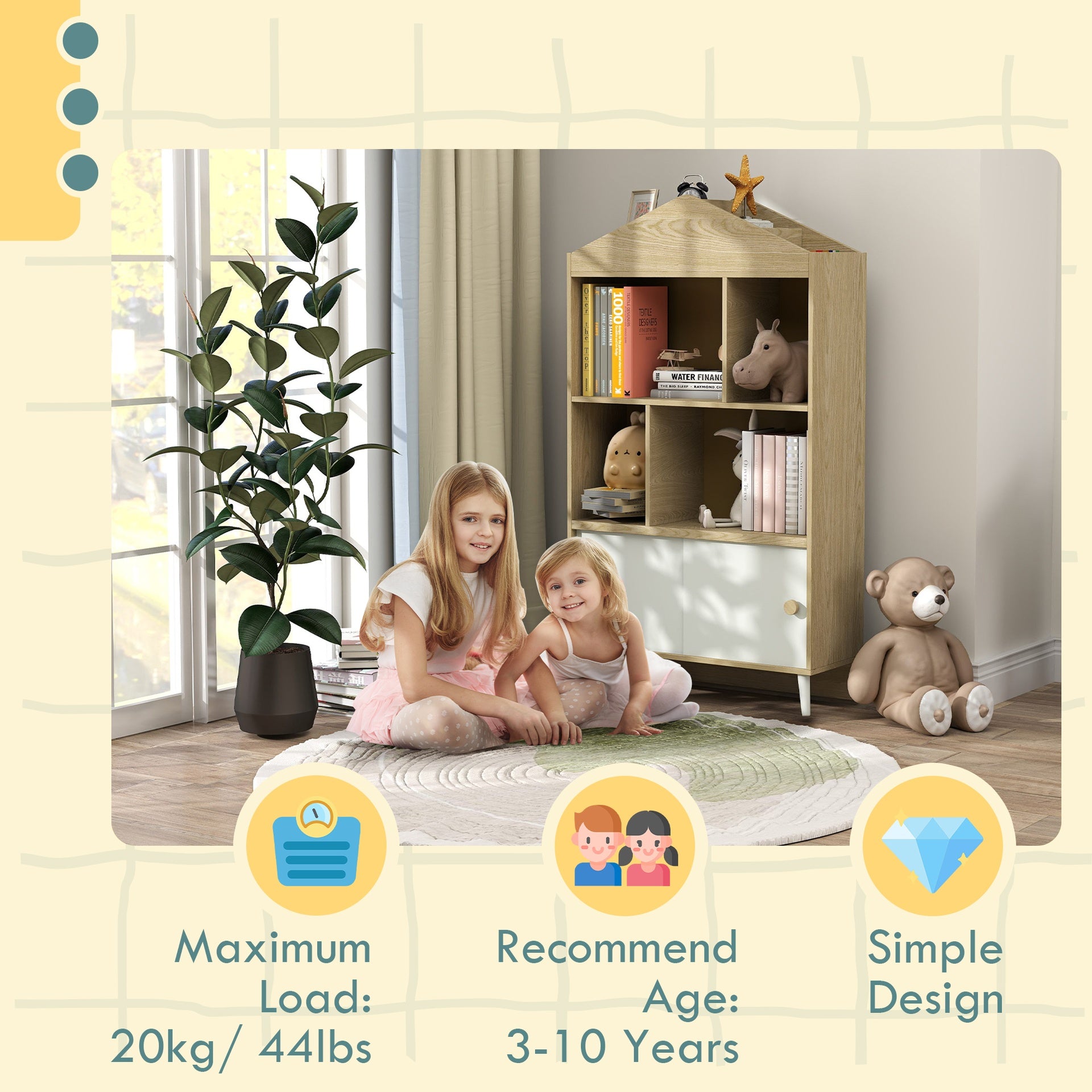 Qaba 4-Cubby Children's Toy Shelf, Kids Bookshelf and Toy Storage for Playroom, Children's Room, Living Room,
