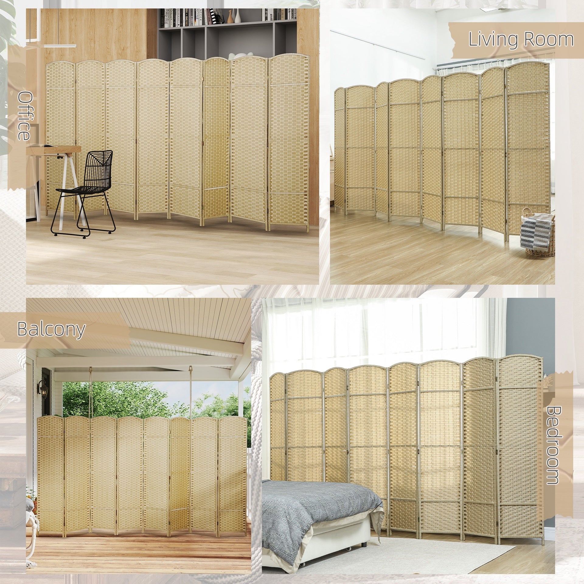 HOMCOM Folding Room Divider Screen 8 Panel 5.6 ' Tall Privacy Screen Freestanding Room Partition for Home Office, Beige