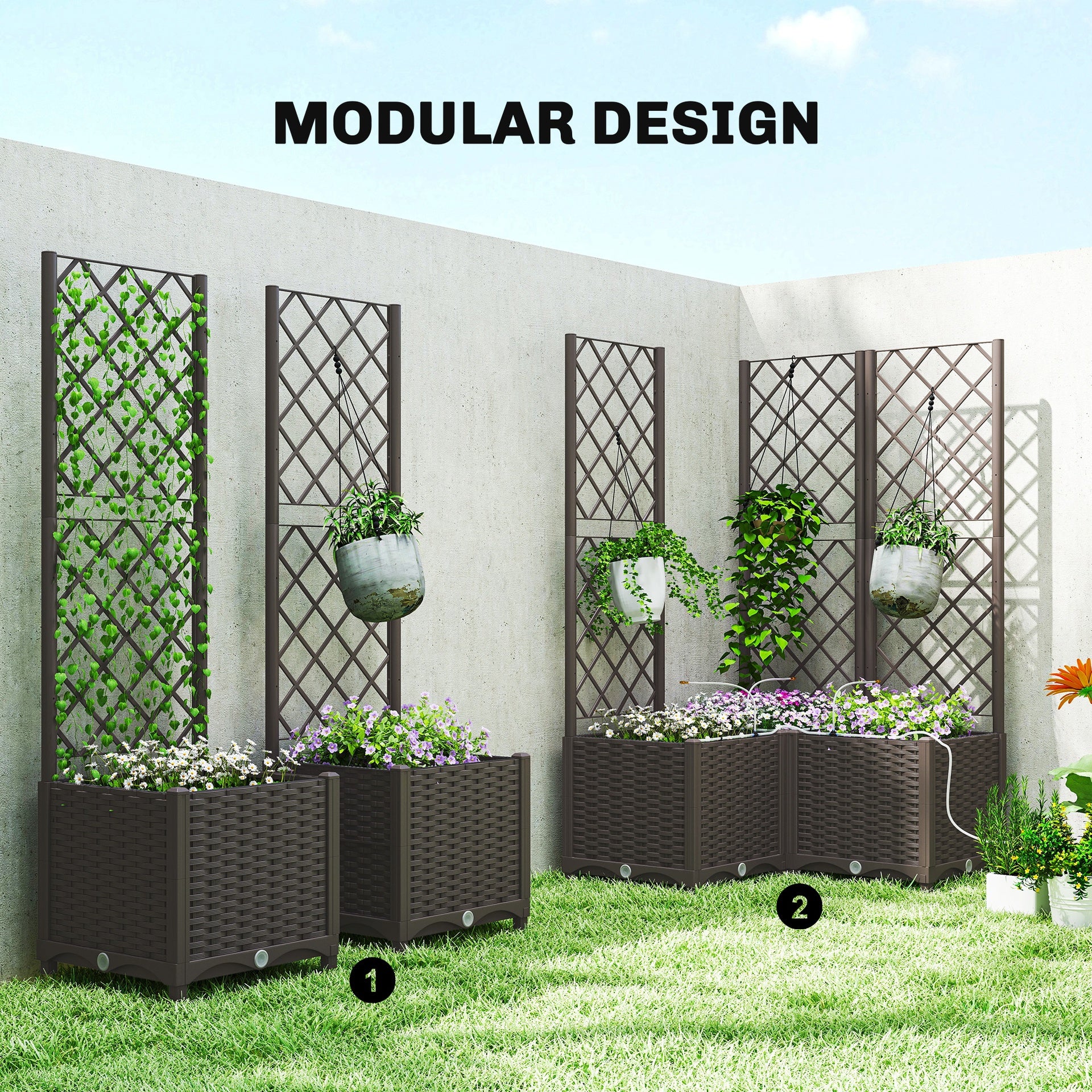 Outsunny 3PCS Plastic Planter Box with Trellis, Self-Watering Raised Garden Bed with Trellis and Automatic Watering Timer Kit