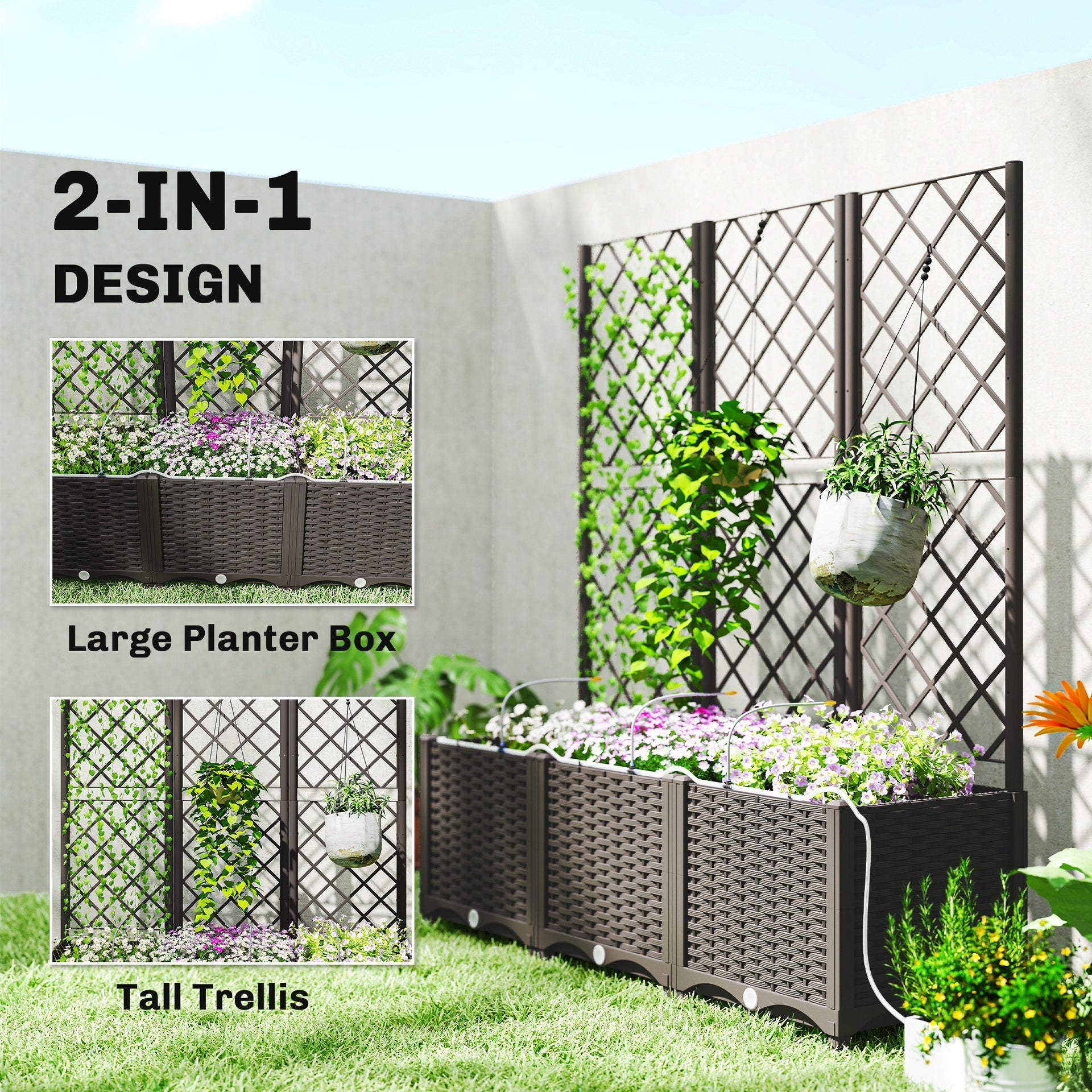 Outsunny 3PCS Plastic Planter Box with Trellis, Self-Watering Raised Garden Bed with Trellis and Automatic Watering Timer Kit