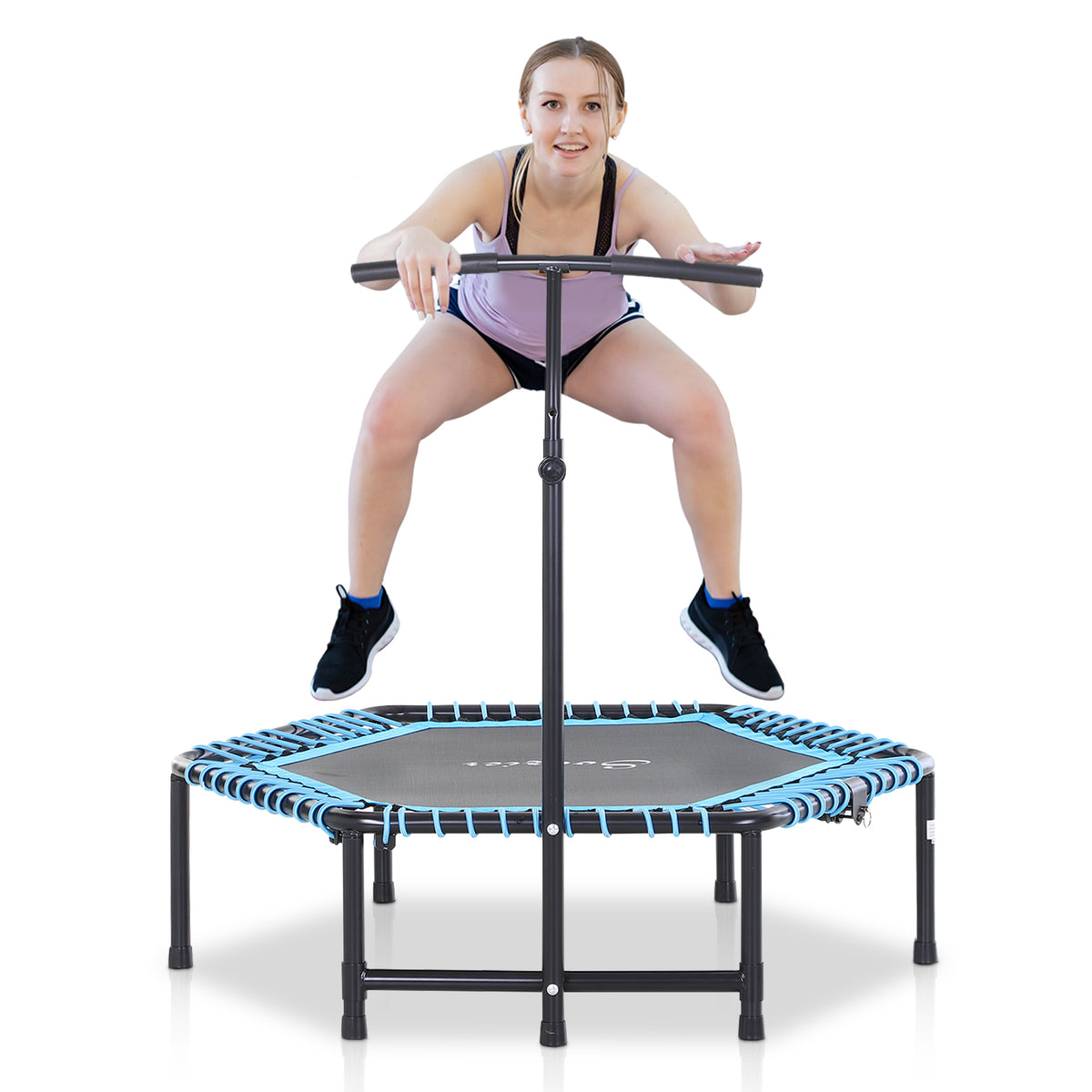 Soozier 4.5ft Exercise Trampoline, Portable & Foldable Fitness Trampoline Rebounder with 3-Level Adjustable T-Bar, Great for Adults Kids Working Out, Blue