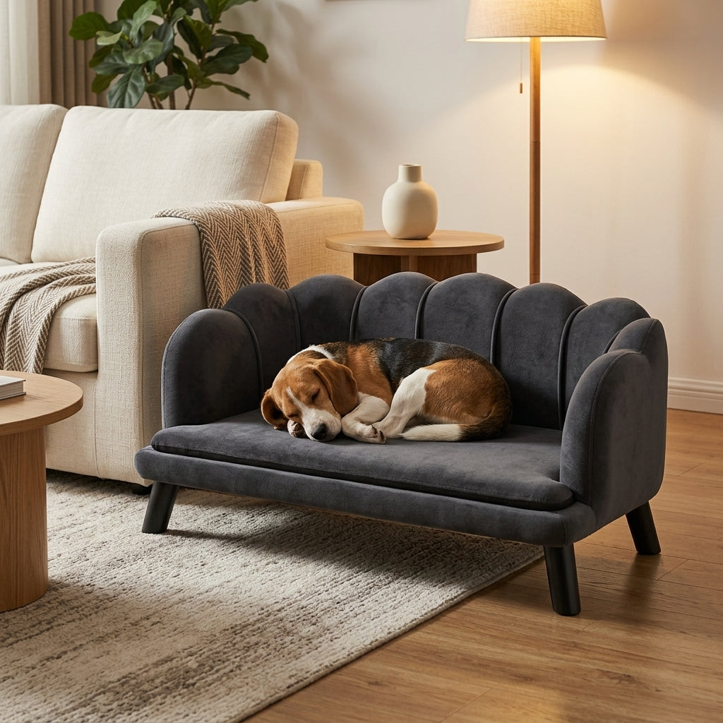 PawHut Pearl Design Pet Sofa for Medium and Large Sized Dogs, Pet Bed with Cushion and Solid Wood Legs, Charcoal Gray