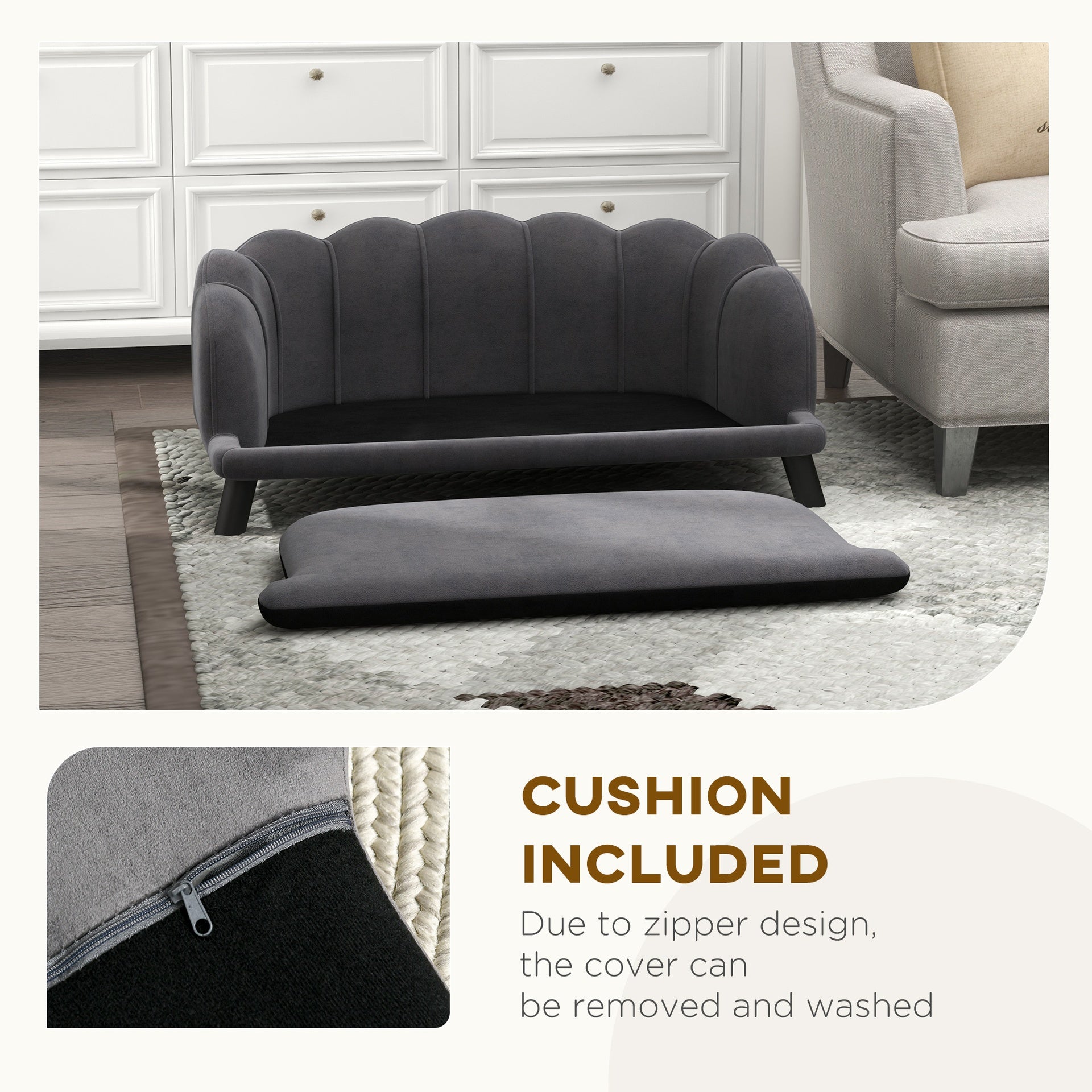 PawHut Pearl Design Pet Sofa for Medium and Large Sized Dogs, Pet Bed with Cushion and Solid Wood Legs, Charcoal Gray