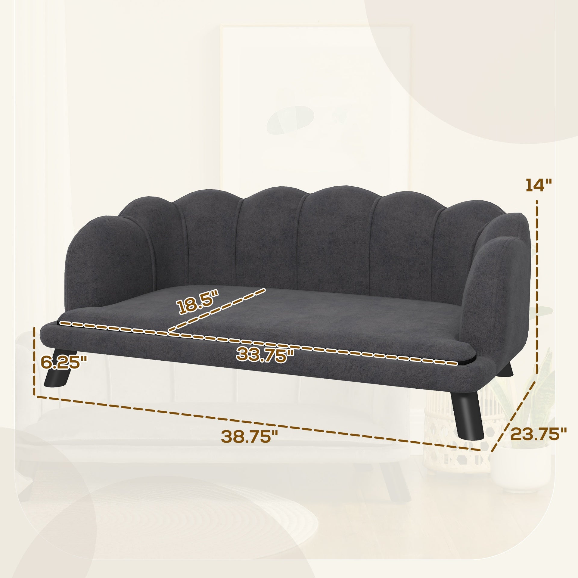 PawHut Pearl Design Pet Sofa for Medium and Large Sized Dogs, Pet Bed with Cushion and Solid Wood Legs, Charcoal Gray