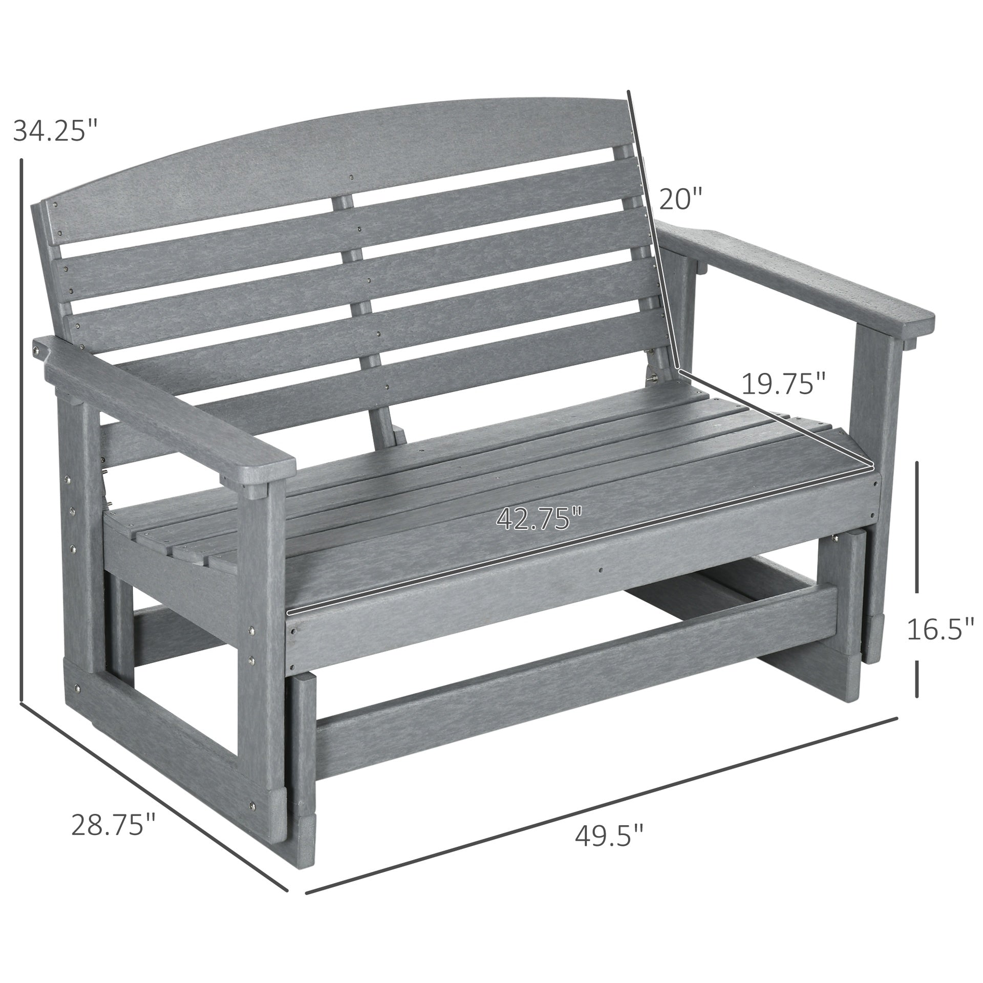 Outsunny Patio Glider Bench w/ HDPE Slatted Double Rocking Chair, Light Gray