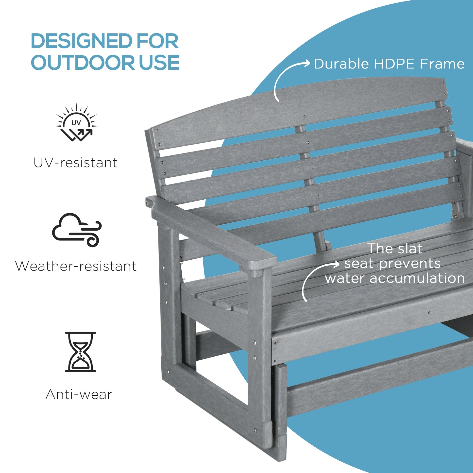 Outsunny Patio Glider Bench w/ HDPE Slatted Double Rocking Chair, Light Gray