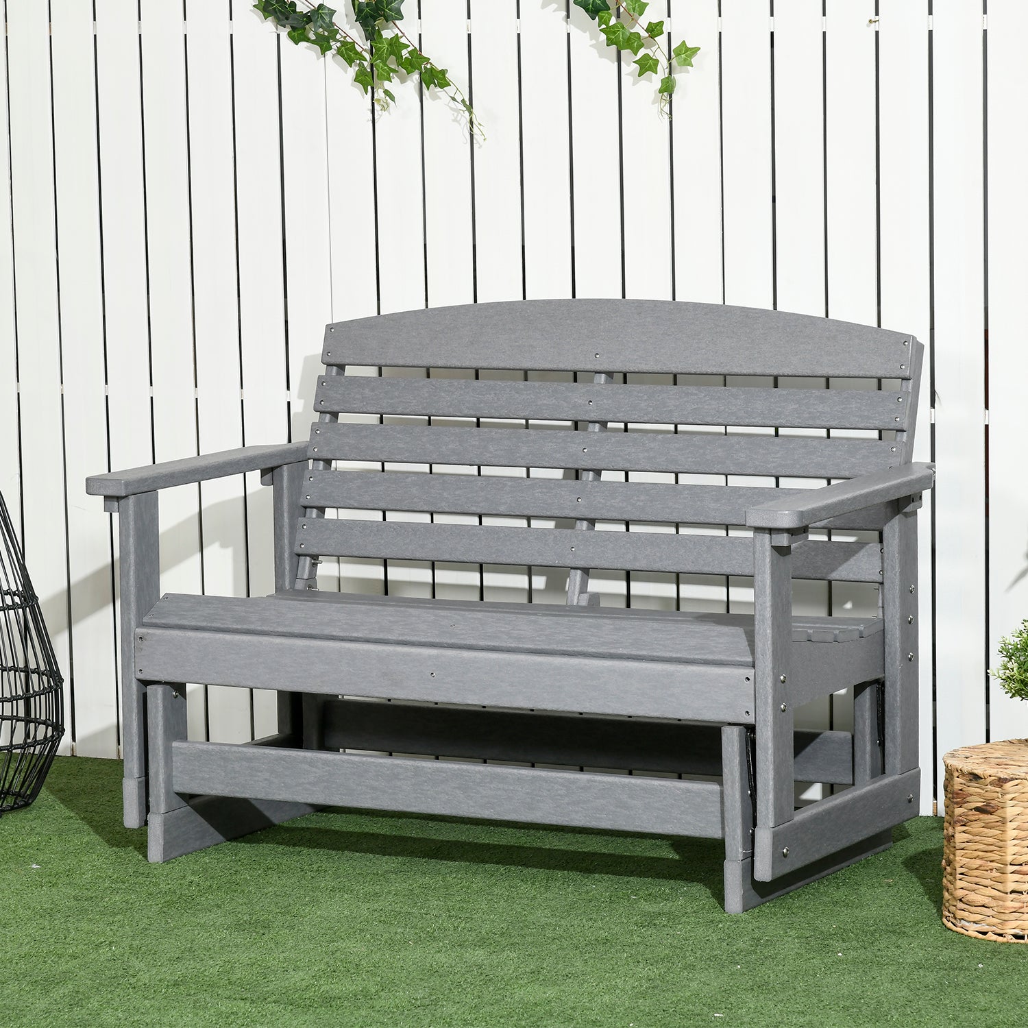 Outsunny Patio Glider Bench w/ HDPE Slatted Double Rocking Chair, Light Gray