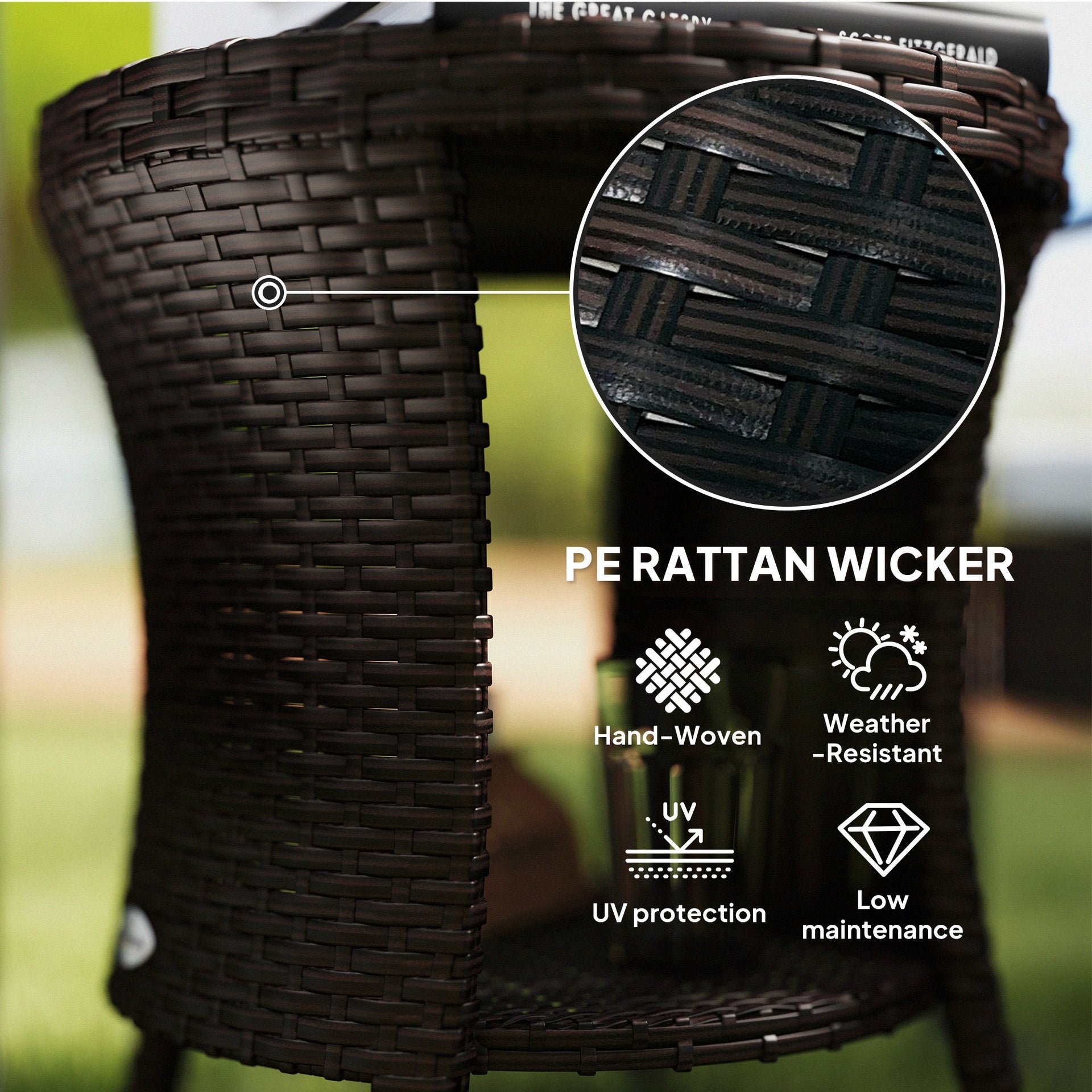 Outsunny 18" Wicker Outdoor Coffee Table, PE Rattan Patio Side Table with 2-Tier Storage, Composite Wood Top, Mixed Brown
