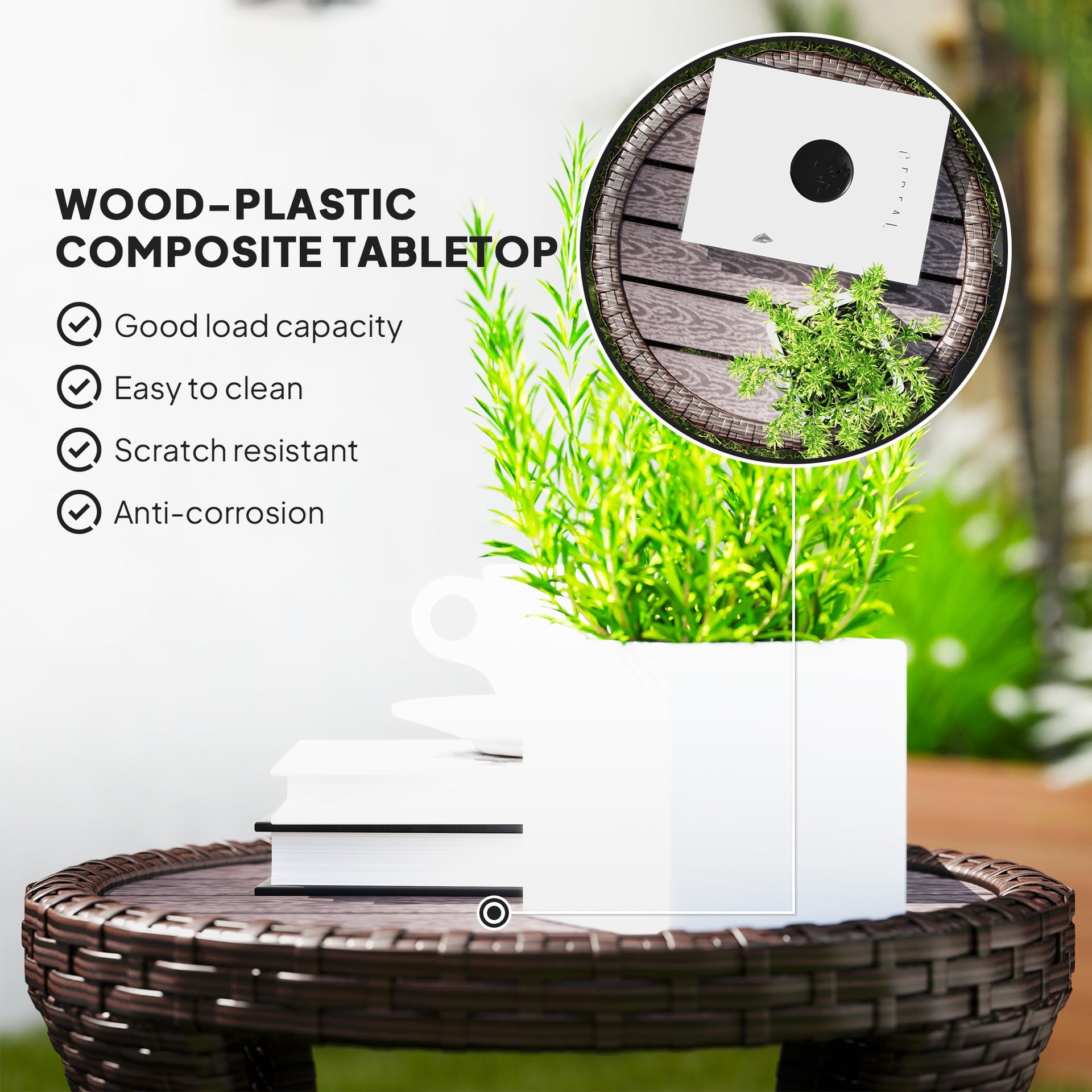 Outsunny 18" Wicker Outdoor Coffee Table, PE Rattan Patio Side Table with 2-Tier Storage, Composite Wood Top, Mixed Brown