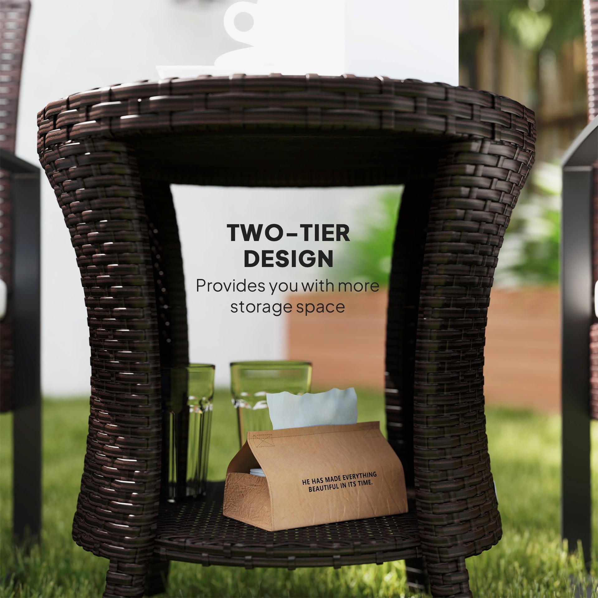 Outsunny 18" Wicker Outdoor Coffee Table, PE Rattan Patio Side Table with 2-Tier Storage, Composite Wood Top, Mixed Brown