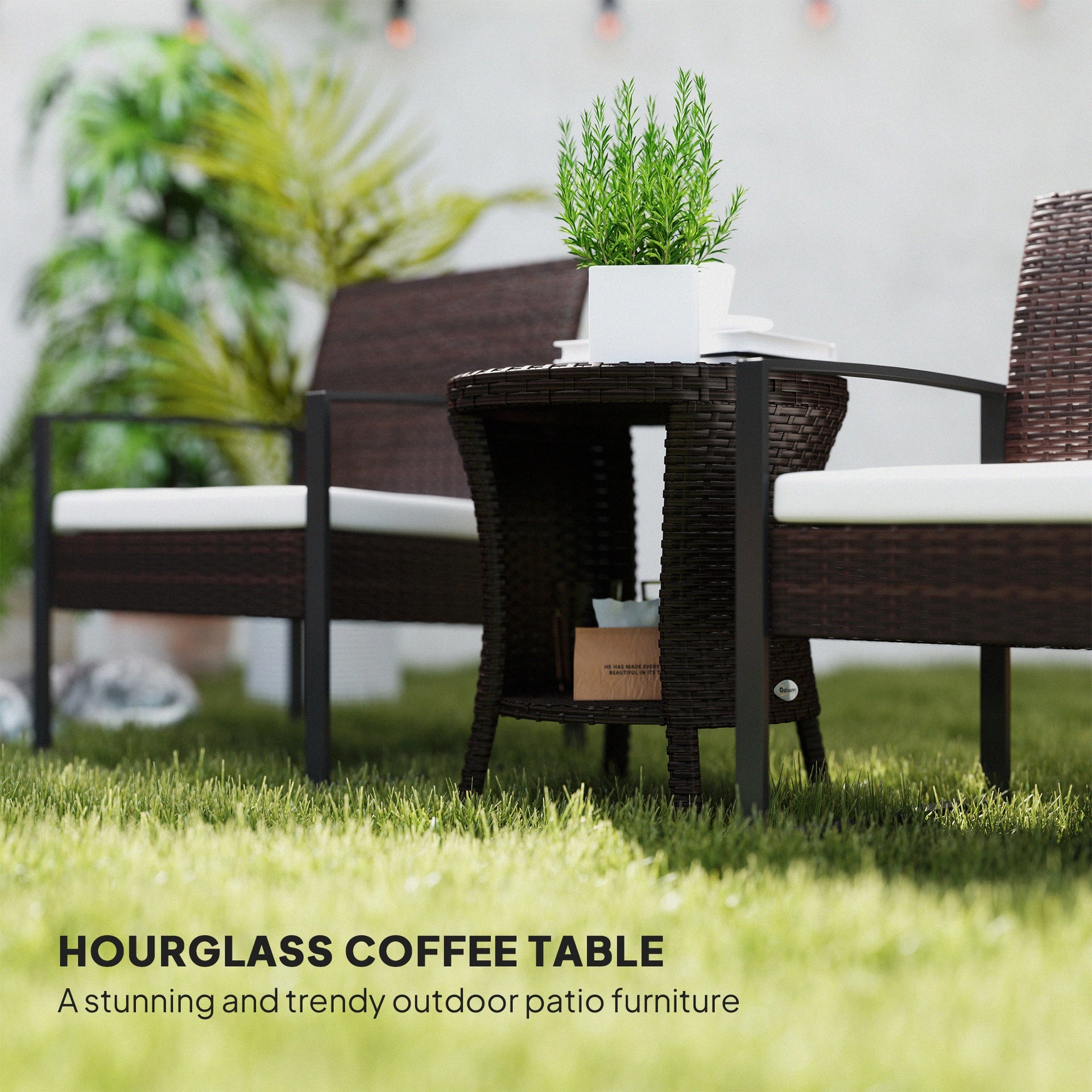 Outsunny 18" Wicker Outdoor Coffee Table, PE Rattan Patio Side Table with 2-Tier Storage, Composite Wood Top, Mixed Brown