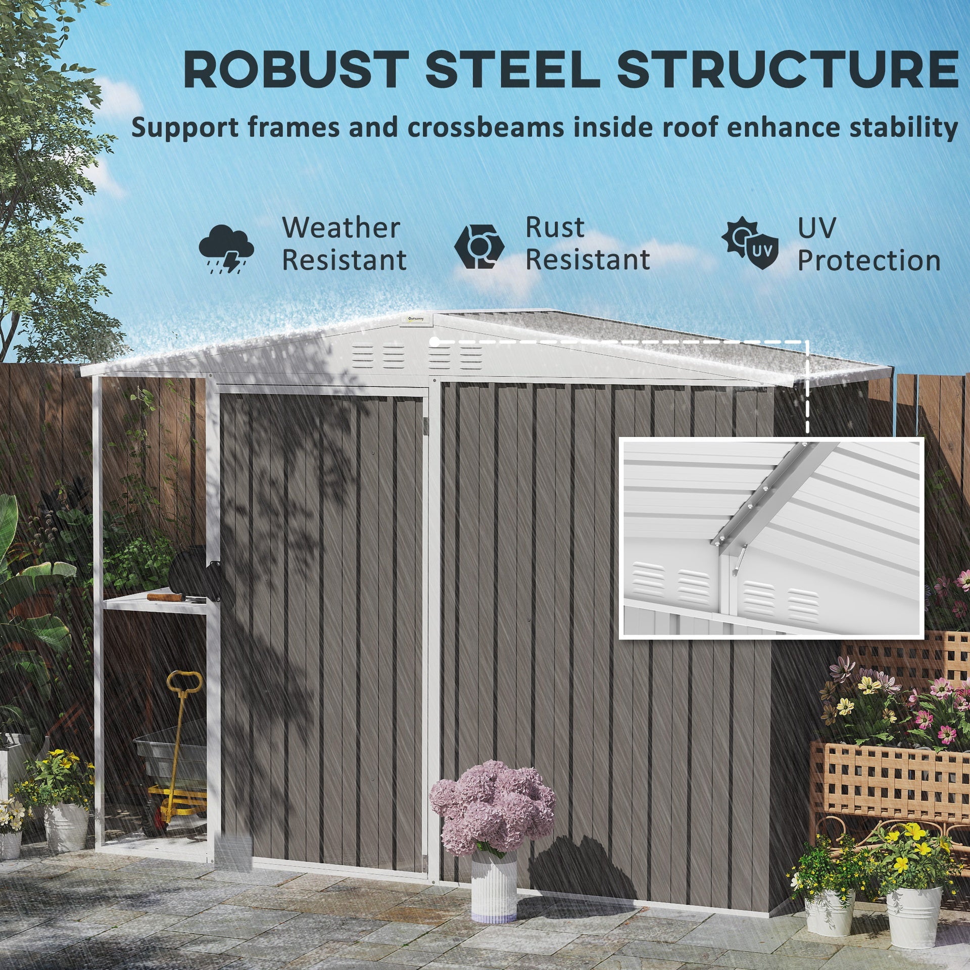 Outsunny 8 x 4ft Outdoor Garden Shed, Metal Shed with Air Vents and Lock for Backyard, Garden, Patio, Warm Gray