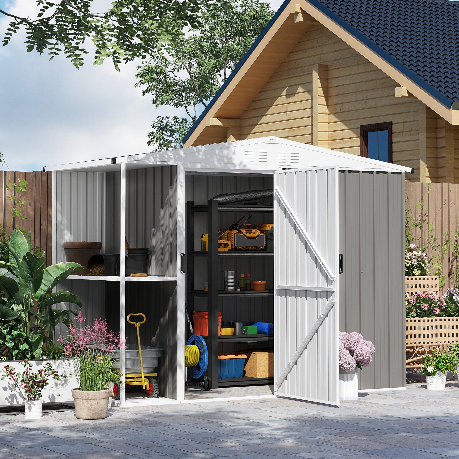 Outsunny 8 x 4ft Outdoor Garden Shed, Metal Shed with Air Vents and Lock for Backyard, Garden, Patio, Warm Gray