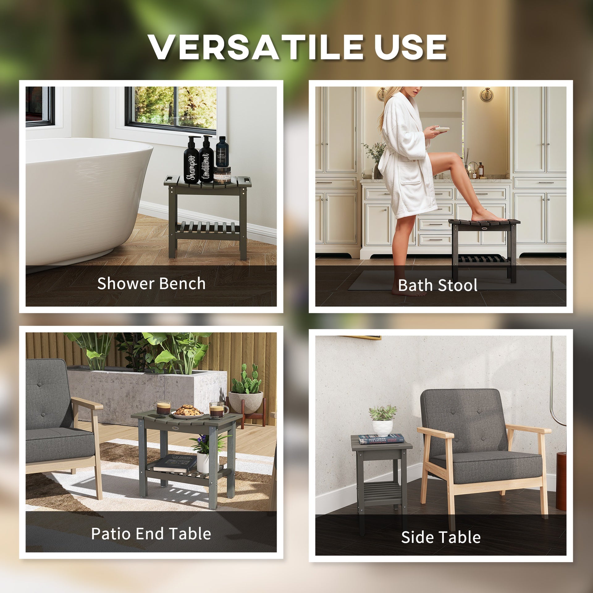 Outsunny HDPE Shower Bench, Waterproof Shower Stool with Handle, Storage Shelf, Non-Slip Pads for Indoor Outdoor, Dark Gray