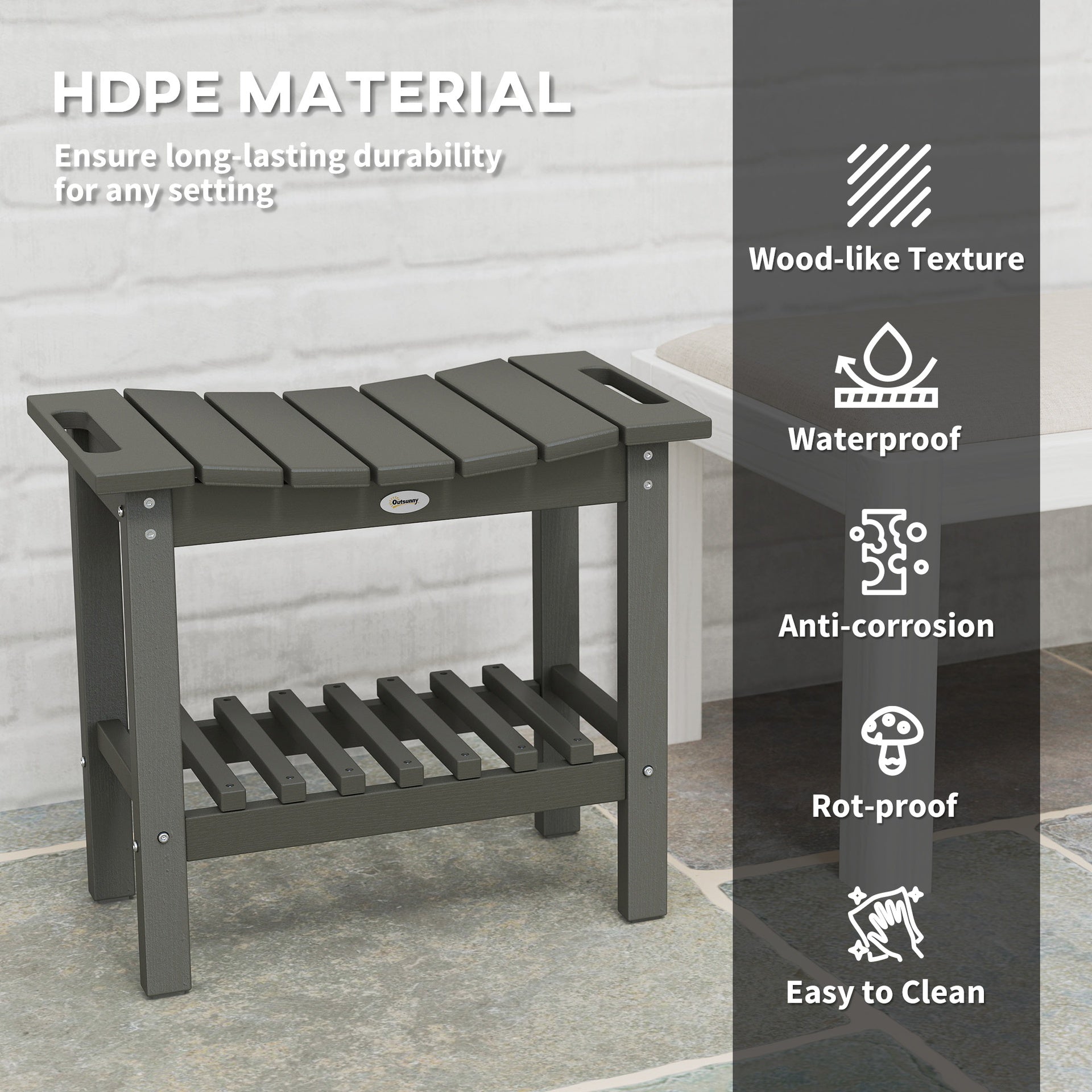 Outsunny HDPE Shower Bench, Waterproof Shower Stool with Handle, Storage Shelf, Non-Slip Pads for Indoor Outdoor, Dark Gray