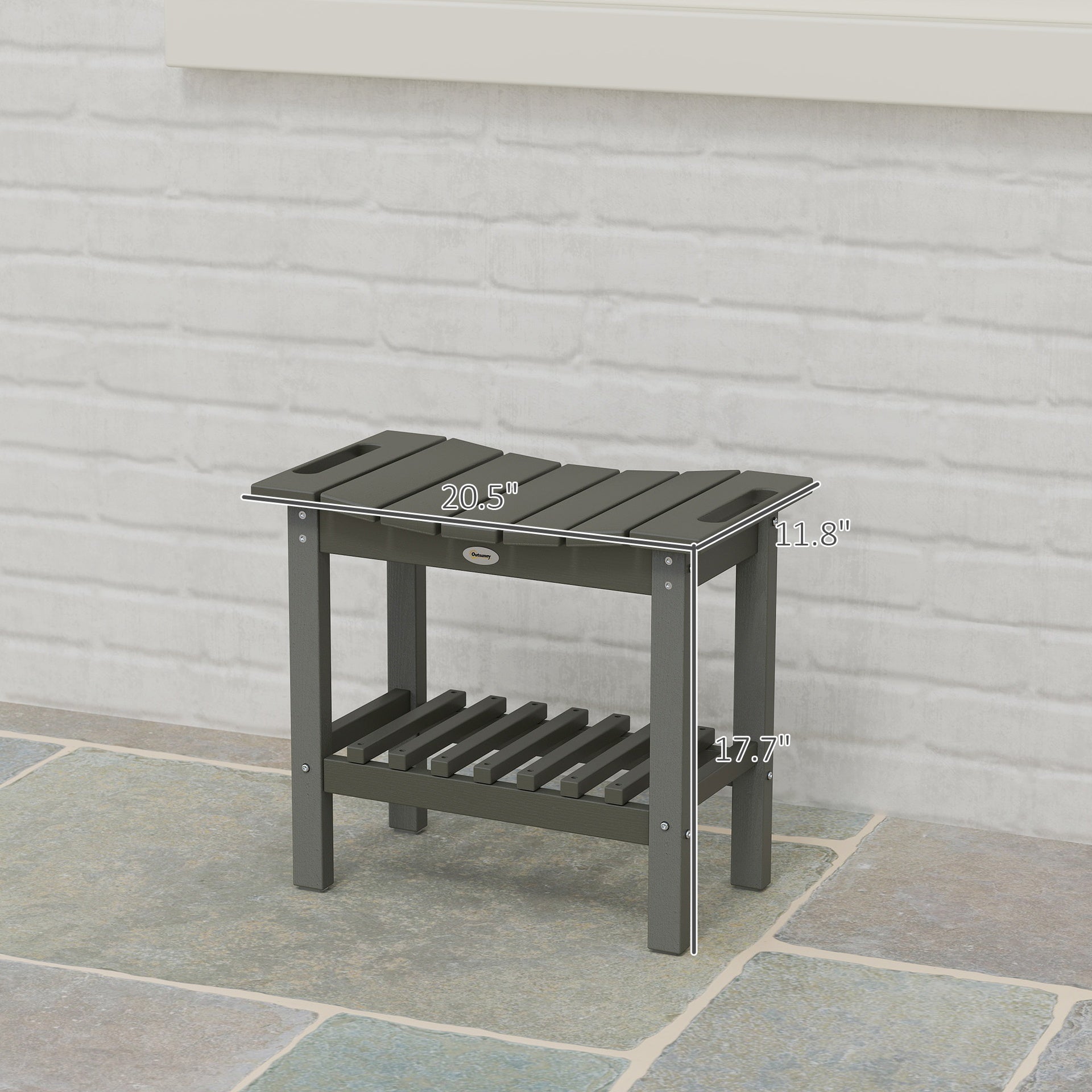 Outsunny HDPE Shower Bench, Waterproof Shower Stool with Handle, Storage Shelf, Non-Slip Pads for Indoor Outdoor, Dark Gray