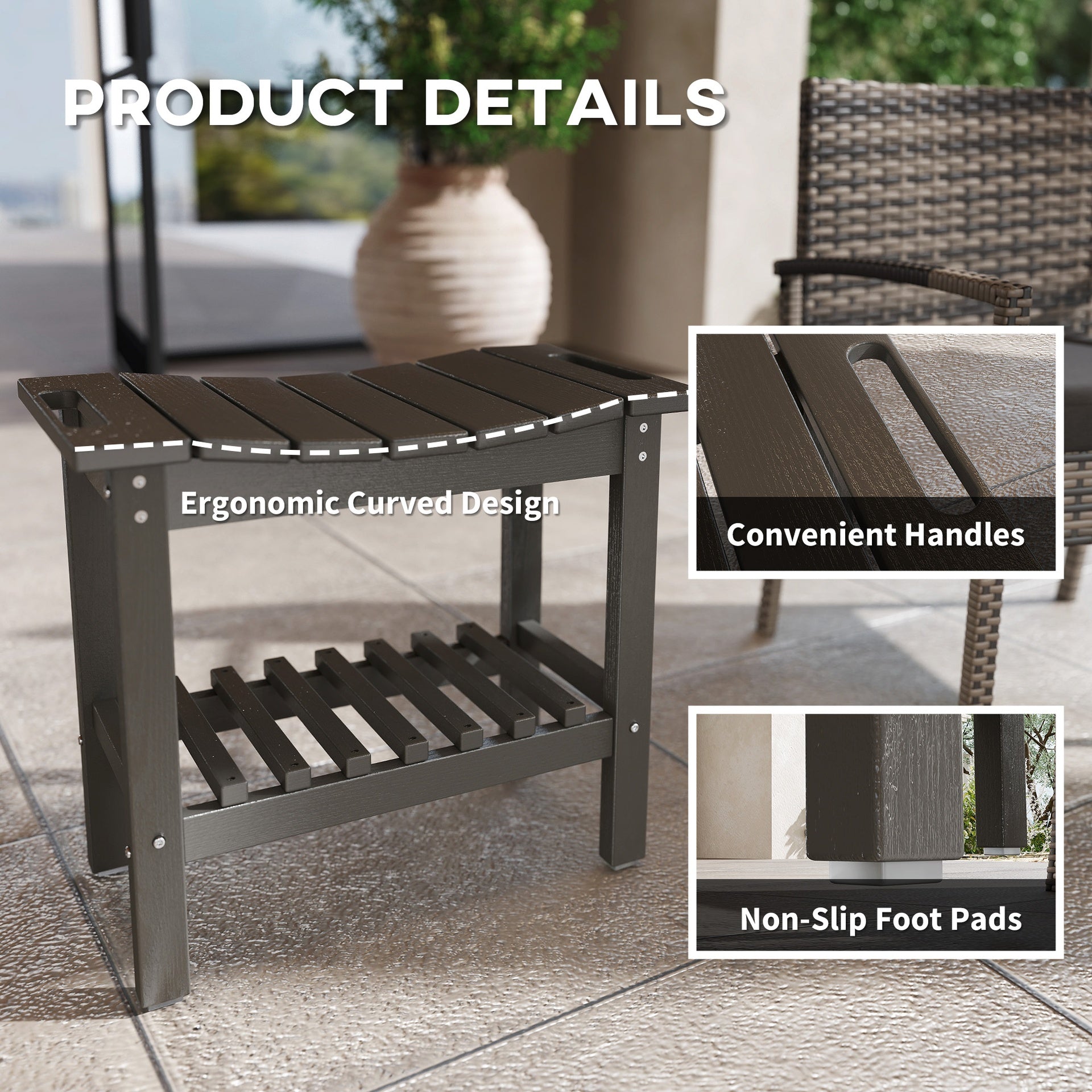 Outsunny HDPE Shower Bench, Waterproof Shower Stool with Handle, Storage Shelf, Non-Slip Pads for Indoor Outdoor, Dark Gray