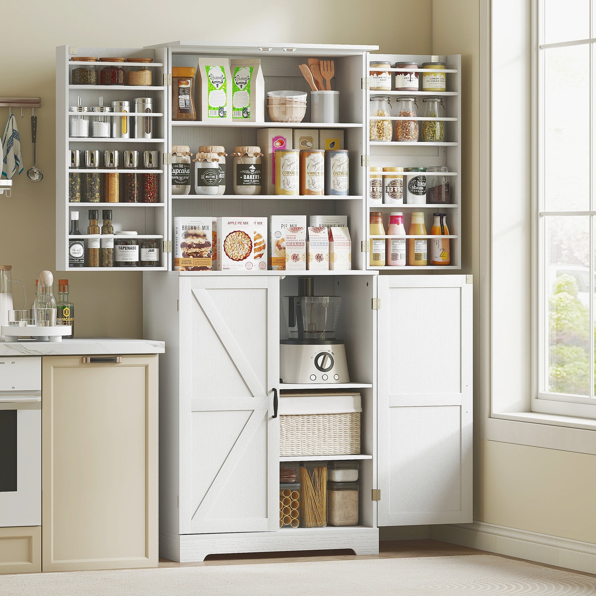 HOMCOM Farmhouse Kitchen Pantry, 72" Tall Pantry Cabinet with 4 Barn Doors, 4 Adjustable Shelves and 8 Door Shelves, White