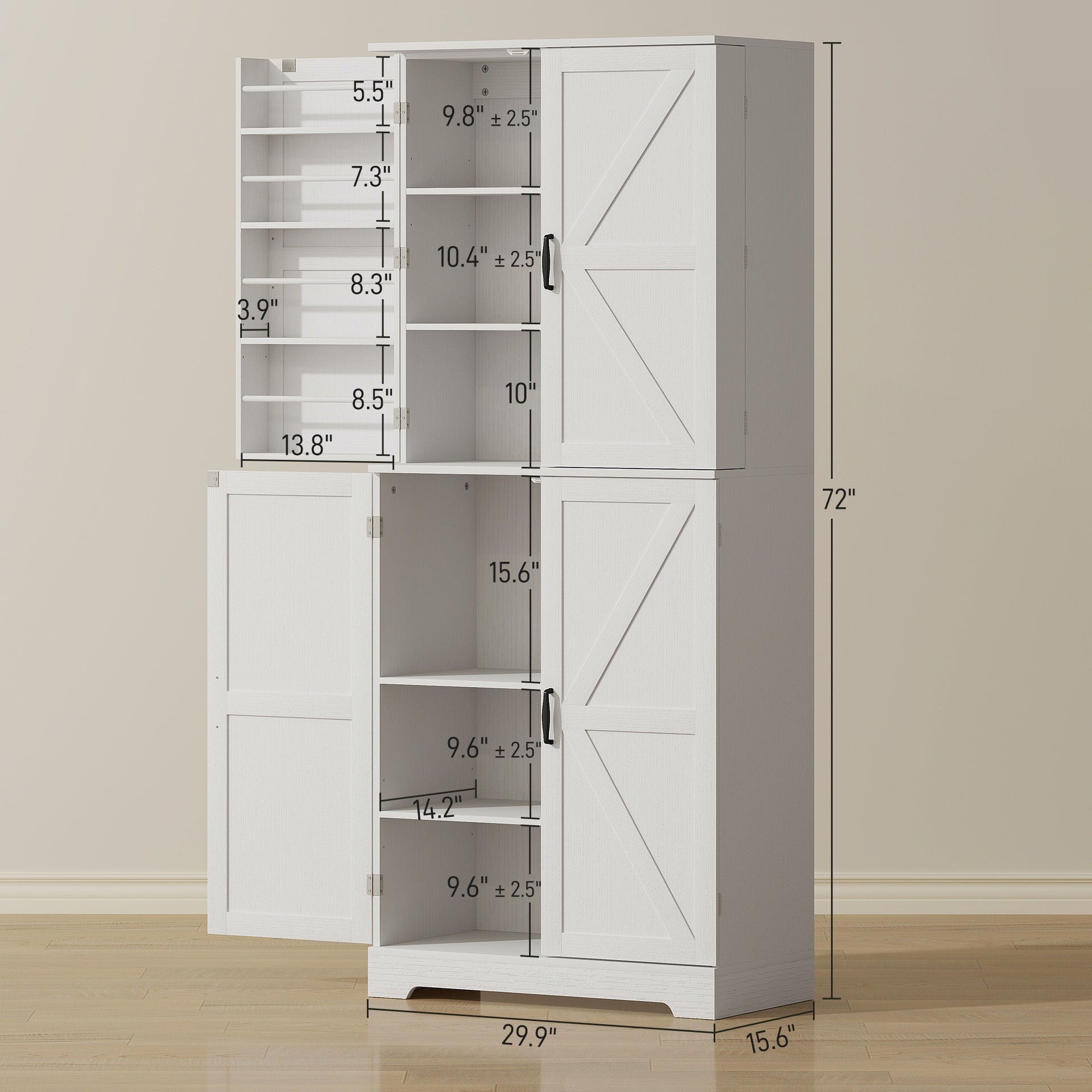 HOMCOM Farmhouse Kitchen Pantry, 72" Tall Pantry Cabinet with 4 Barn Doors, 4 Adjustable Shelves and 8 Door Shelves, White