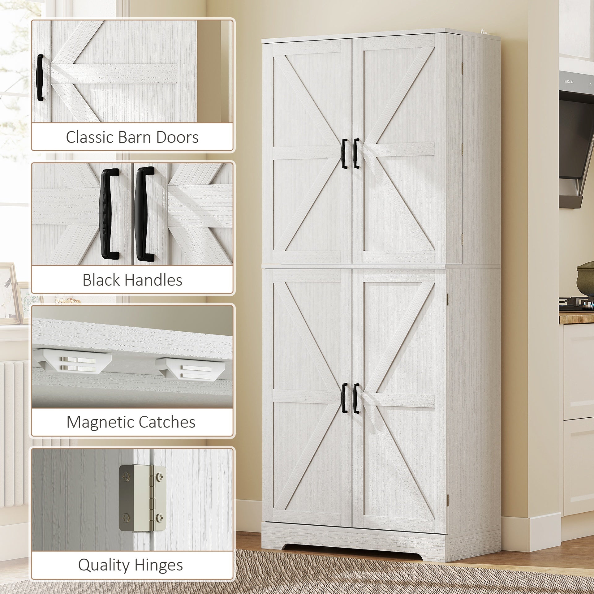 HOMCOM Farmhouse Kitchen Pantry, 72" Tall Pantry Cabinet with 4 Barn Doors, 4 Adjustable Shelves and 8 Door Shelves, White
