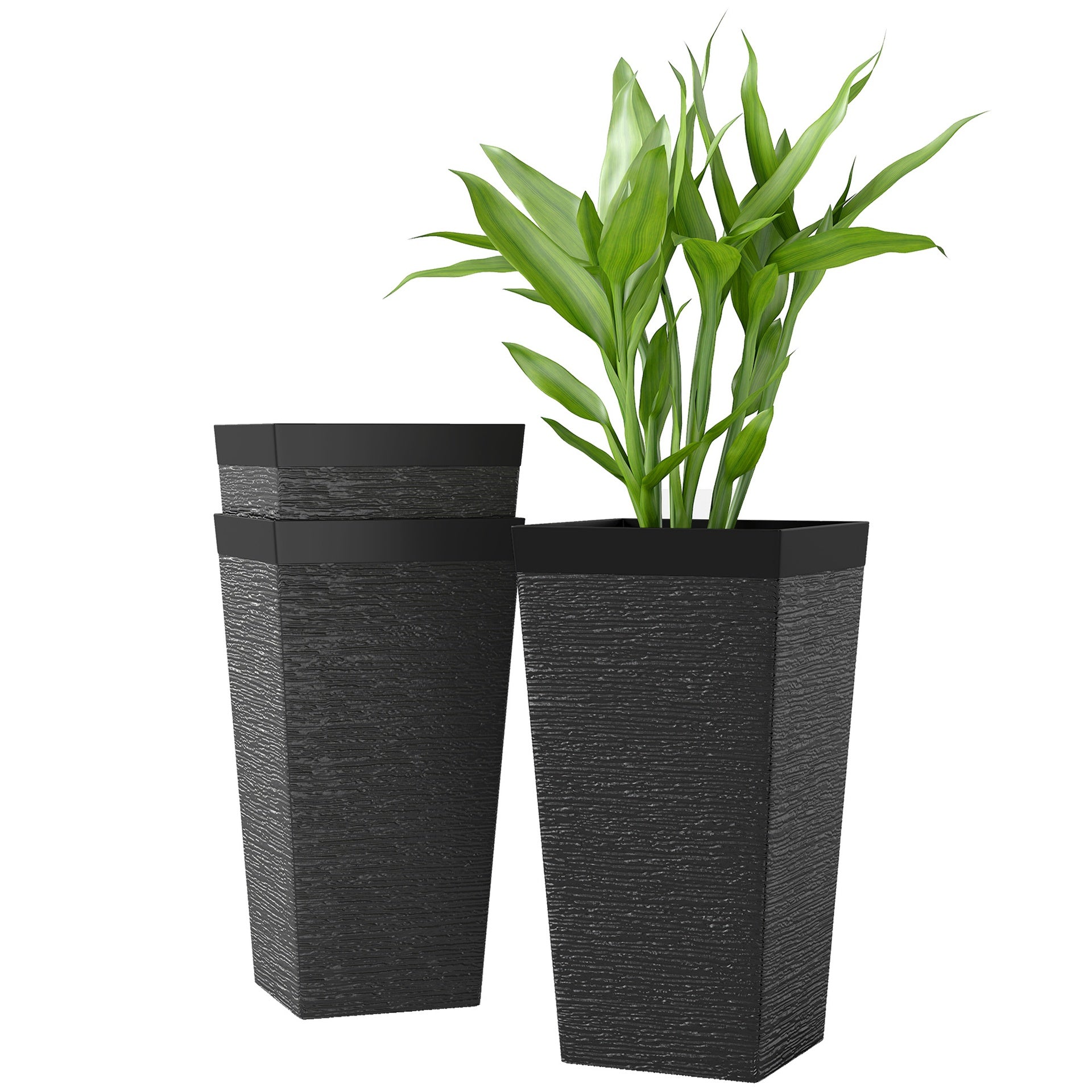 Outsunny 22.8 Inch Set of 3 Outdoor Planters with Stone Finish and Wheels, Stackable Tapered Planters with Drainage Hole, Black