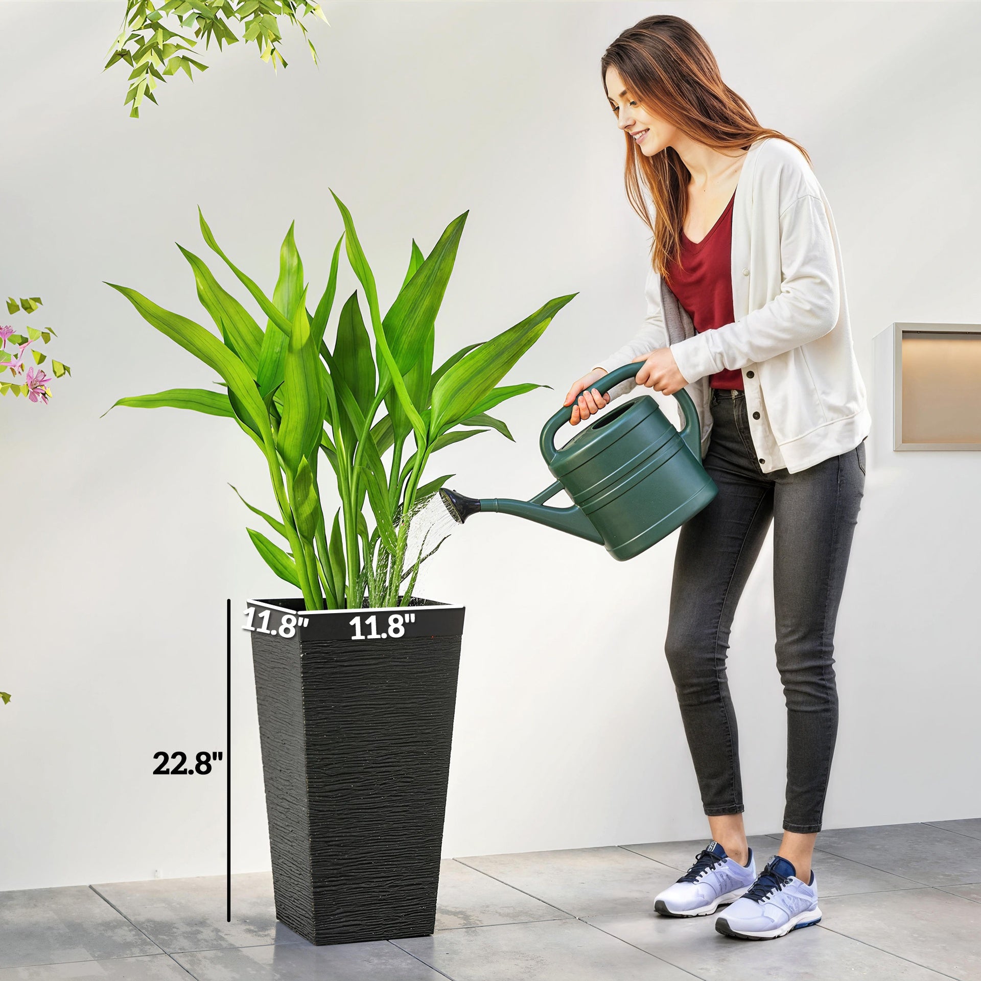 Outsunny 22.8 Inch Set of 3 Outdoor Planters with Stone Finish and Wheels, Stackable Tapered Planters with Drainage Hole, Black