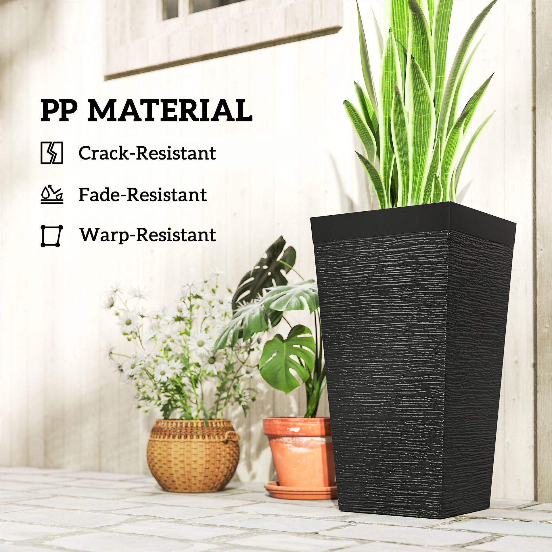 Outsunny 22.8 Inch Set of 3 Outdoor Planters with Stone Finish and Wheels, Stackable Tapered Planters with Drainage Hole, Black