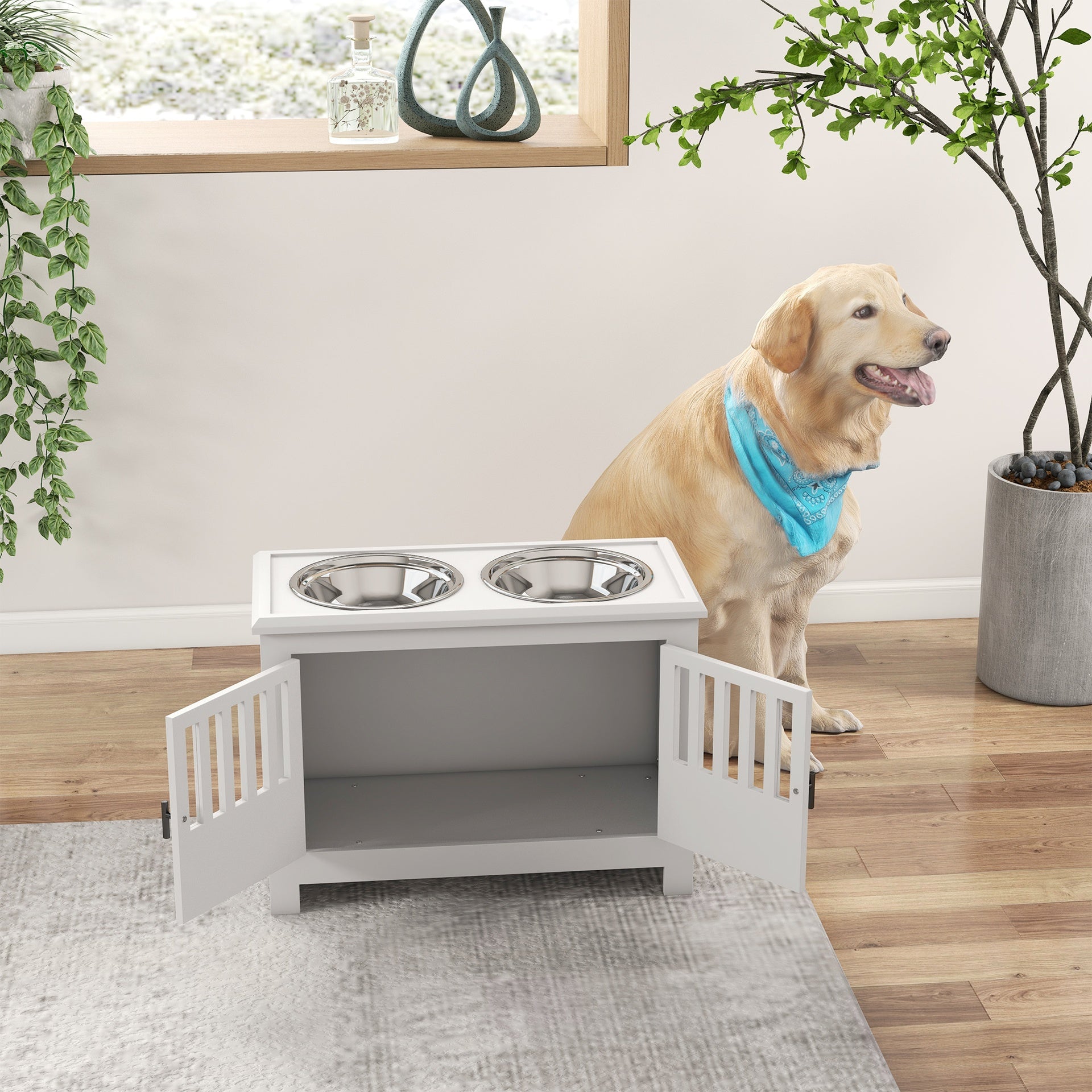 PawHut Dog Food Storage Cabinet with Bowls & Dog Feeding Station, White