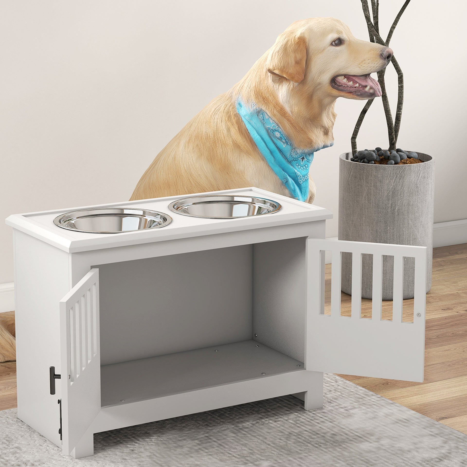 PawHut Dog Food Storage Cabinet with Bowls & Dog Feeding Station, White