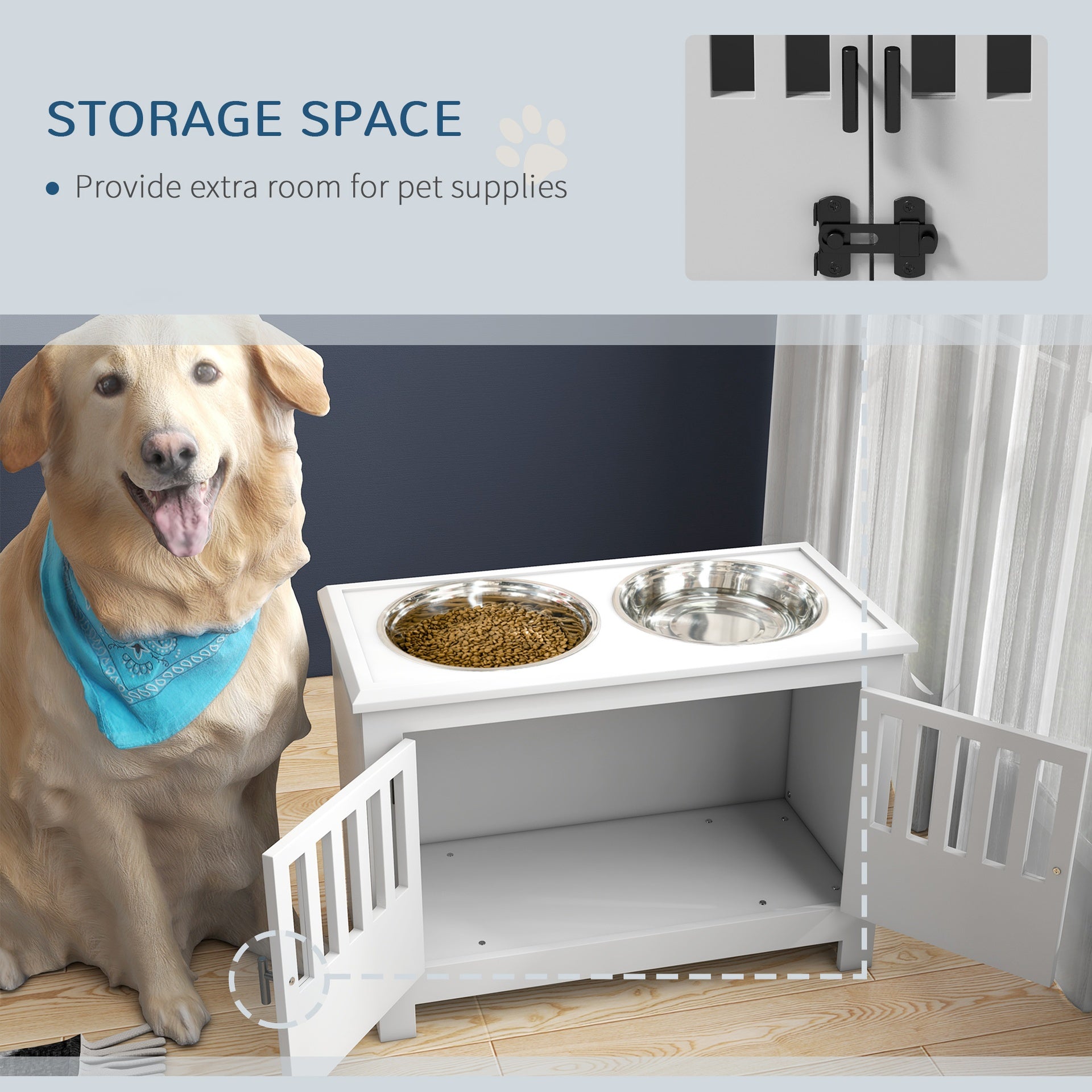 PawHut Dog Food Storage Cabinet with Bowls & Dog Feeding Station, White