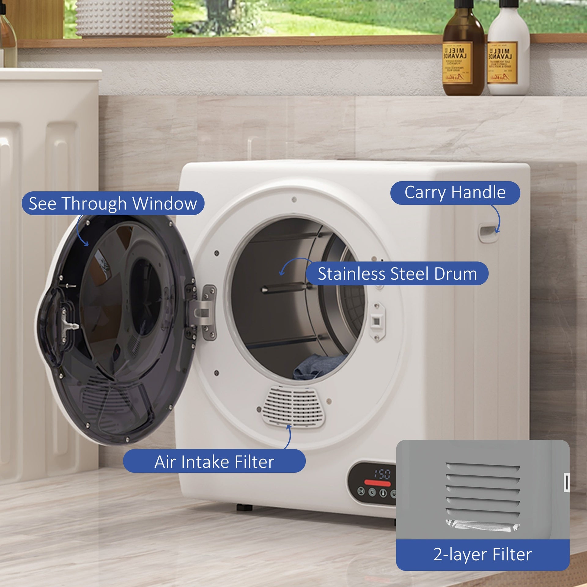 HOMCOM 1.5 cu.ft Portable Compact Clothes Laundry Dryer with Intelligent Drying for Apartments Dorms RVs, 850W, White