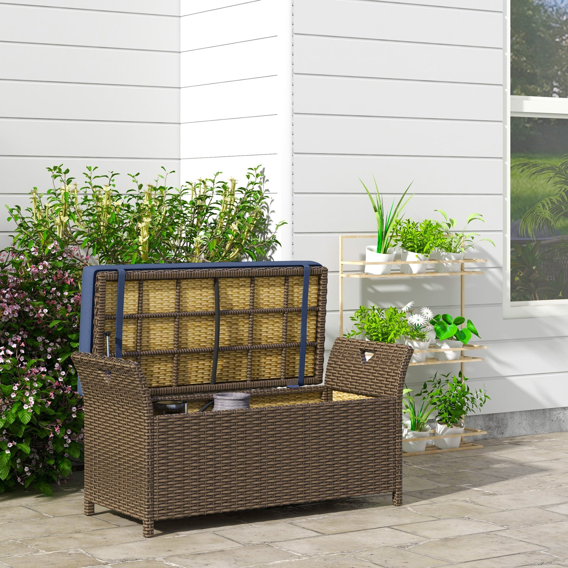 Outsunny Outdoor Patio Wicker Storage Bench, 2-In-1 Rattan Patio Furniture, 29 Gal Storage Box w/ Cushion, Dark Blue