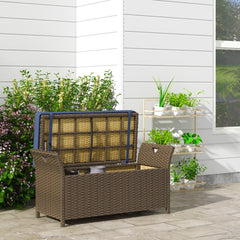 Outsunny Outdoor Patio Wicker Storage Bench, 2-In-1 Rattan Patio Furniture, 29 Gal Storage Box w/ Cushion, Dark Blue