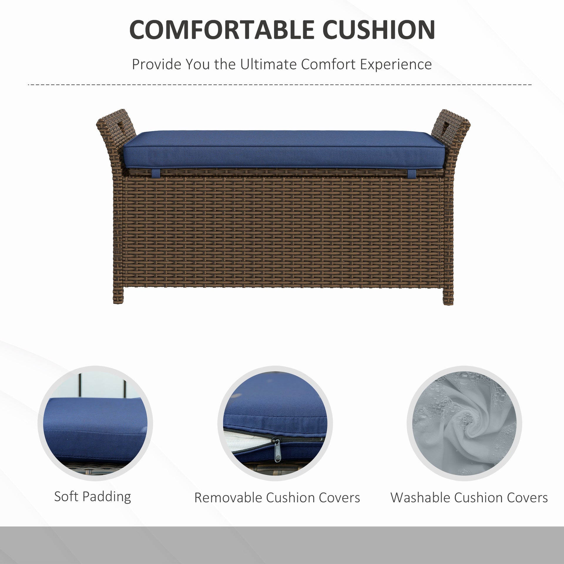 Outsunny Outdoor Patio Wicker Storage Bench, 2-In-1 Rattan Patio Furniture, 29 Gal Storage Box w/ Cushion, Dark Blue