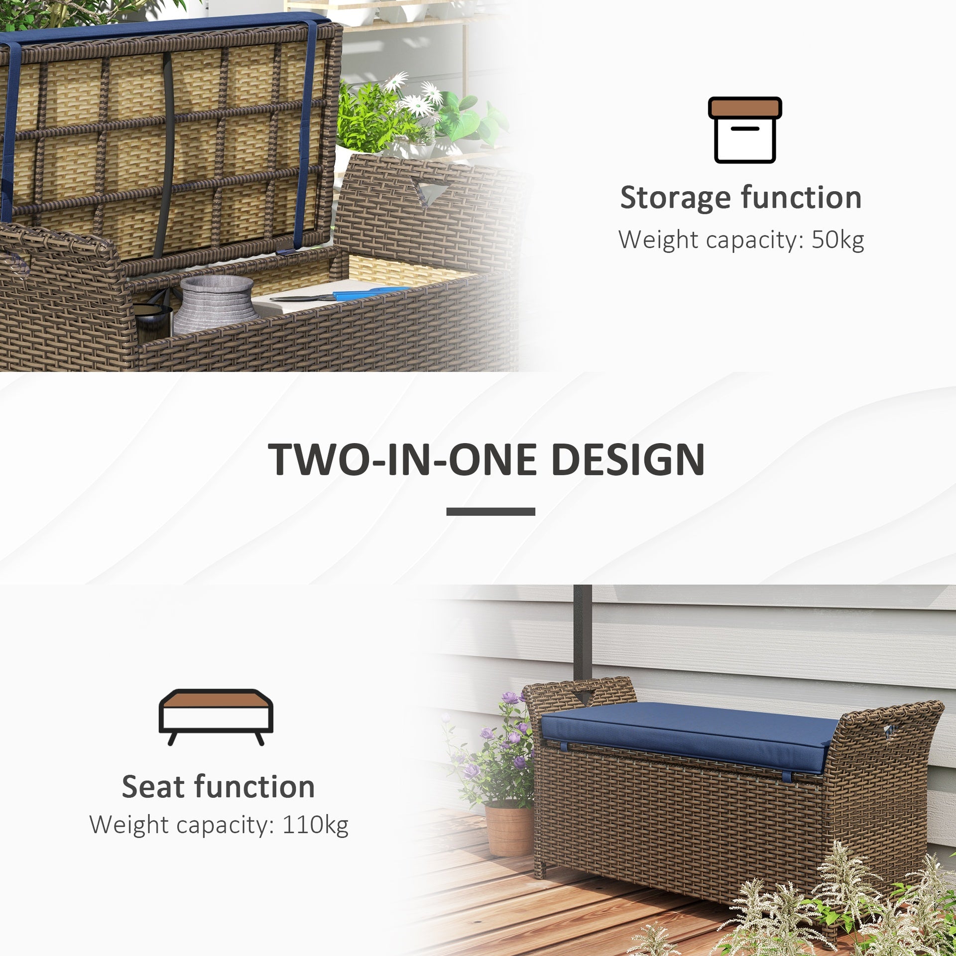 Outsunny Outdoor Patio Wicker Storage Bench, 2-In-1 Rattan Patio Furniture, 29 Gal Storage Box w/ Cushion, Dark Blue