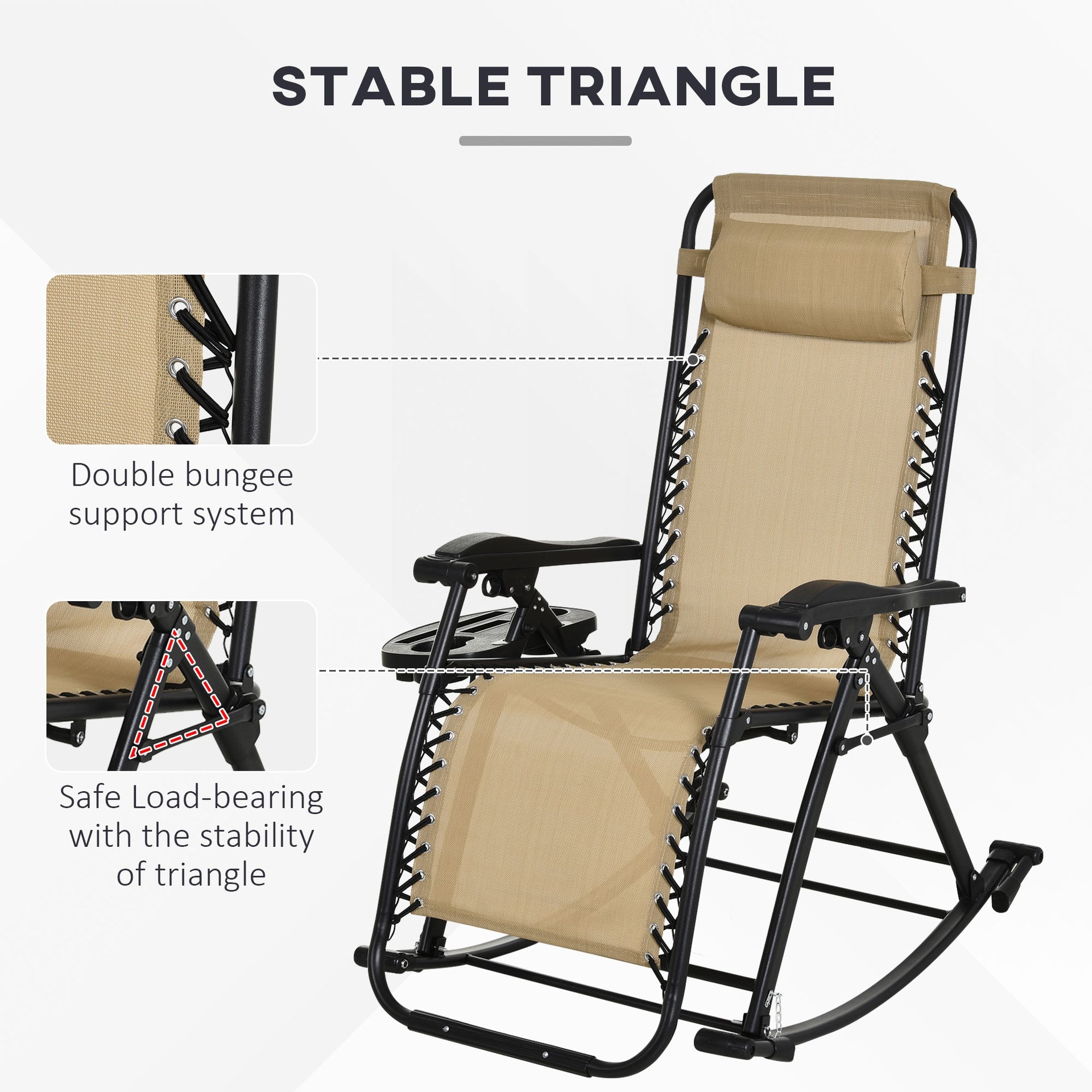Outsunny 2 Outdoor Rocking Chairs Foldable Reclining Zero Gravity Lounge Rockers w/ Pillow Cup & Phone Holder, Beige