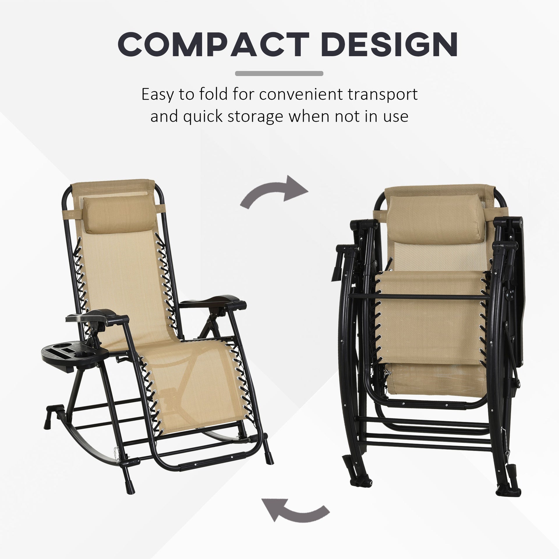 Outsunny 2 Outdoor Rocking Chairs Foldable Reclining Zero Gravity Lounge Rockers w/ Pillow Cup & Phone Holder, Beige