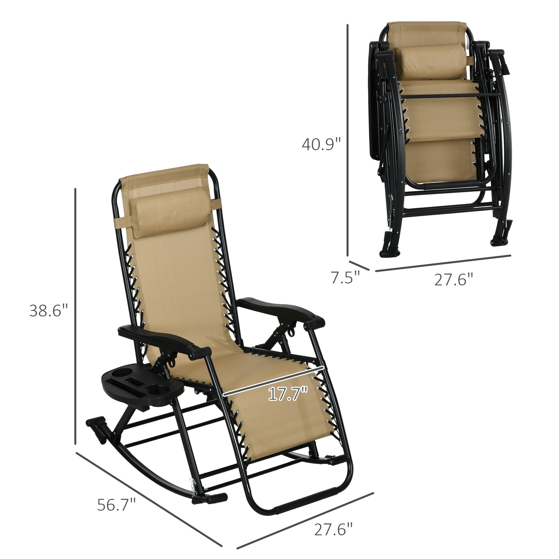 Outsunny 2 Outdoor Rocking Chairs Foldable Reclining Zero Gravity Lounge Rockers w/ Pillow Cup & Phone Holder, Beige
