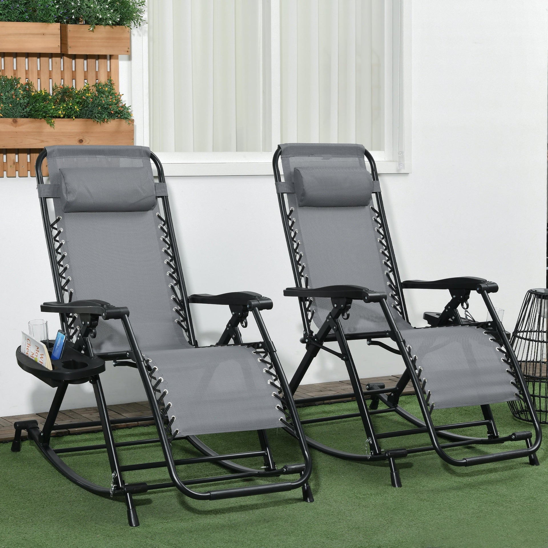 Outsunny 2 Outdoor Rocking Chairs Foldable Reclining Zero Gravity Lounge Rockers w/ Pillow Cup & Phone Holder, Gray