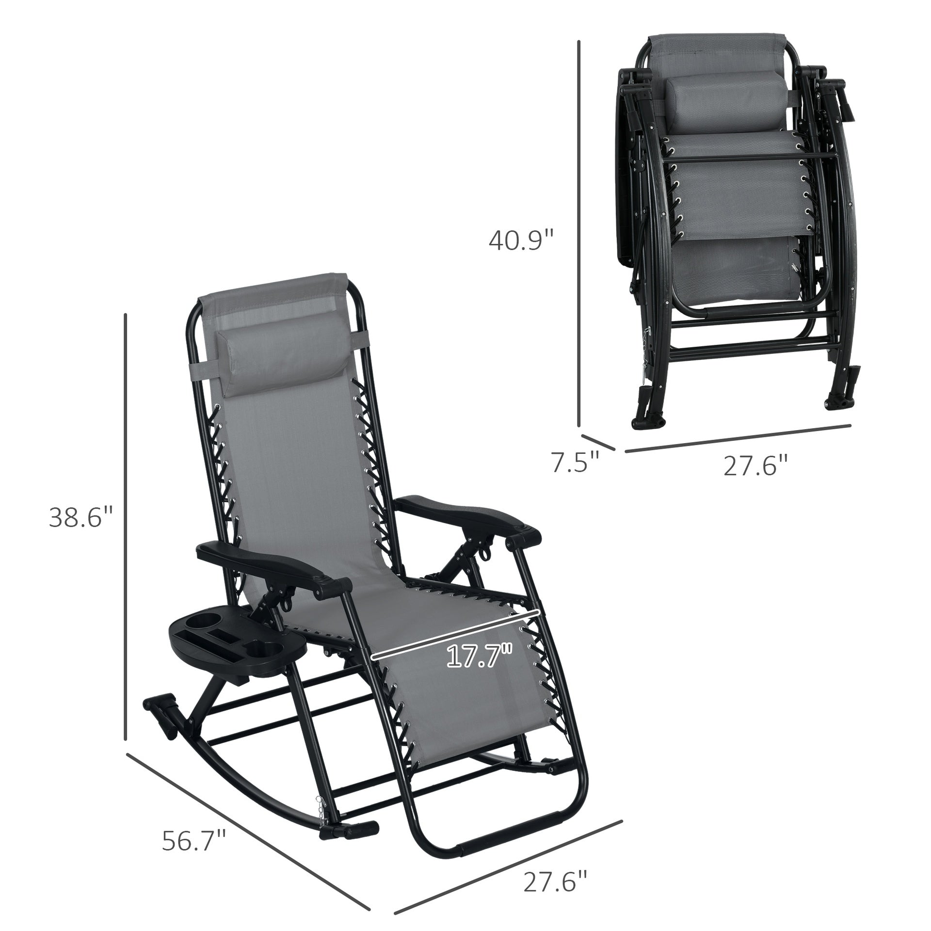 Outsunny 2 Outdoor Rocking Chairs Foldable Reclining Zero Gravity Lounge Rockers w/ Pillow Cup & Phone Holder, Gray