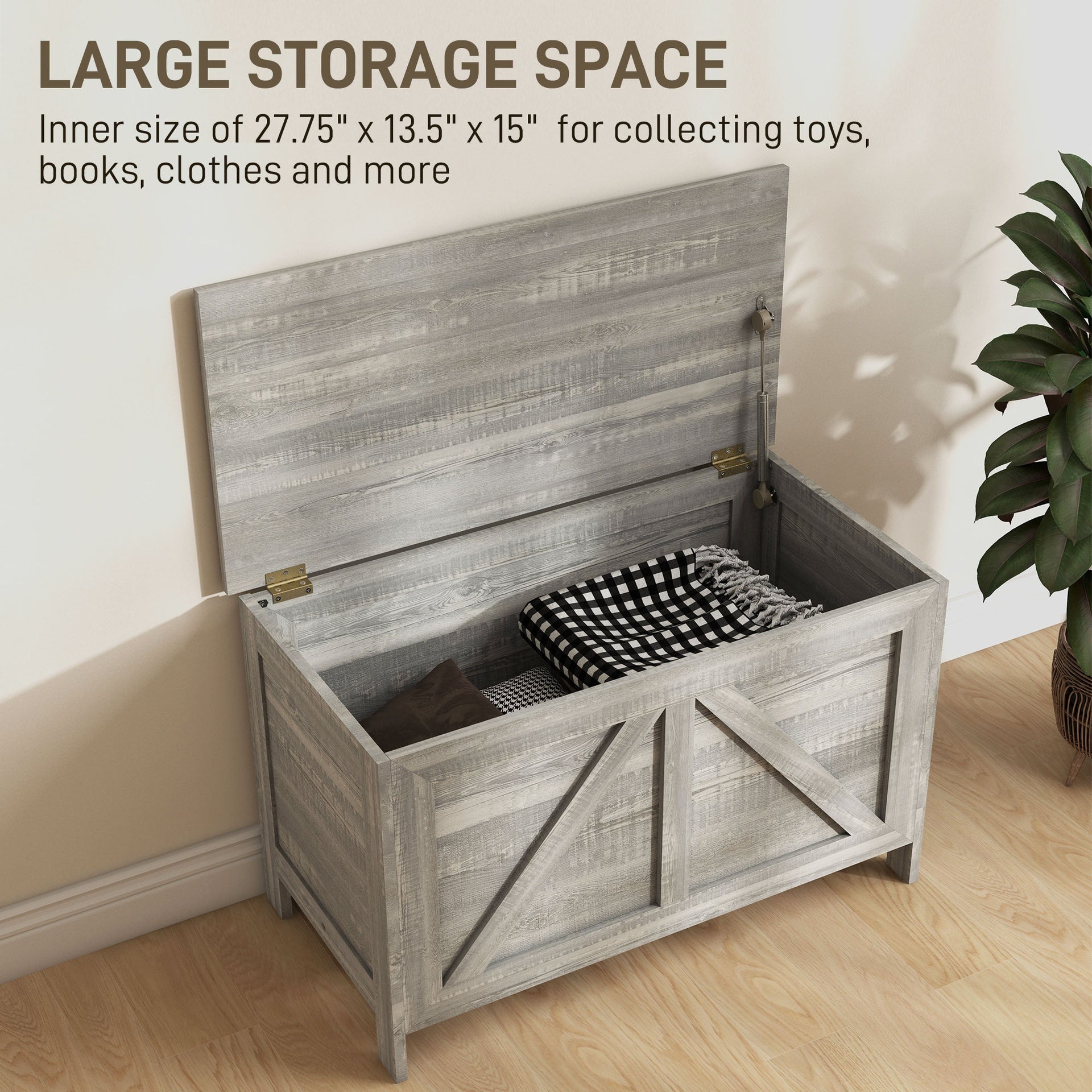 HOMCOM Storage Chest, Farmhouse Lift Top Box Organizer with Safety Hinge, for Bedroom, Entryway, Living Room, Gray Wood Grain
