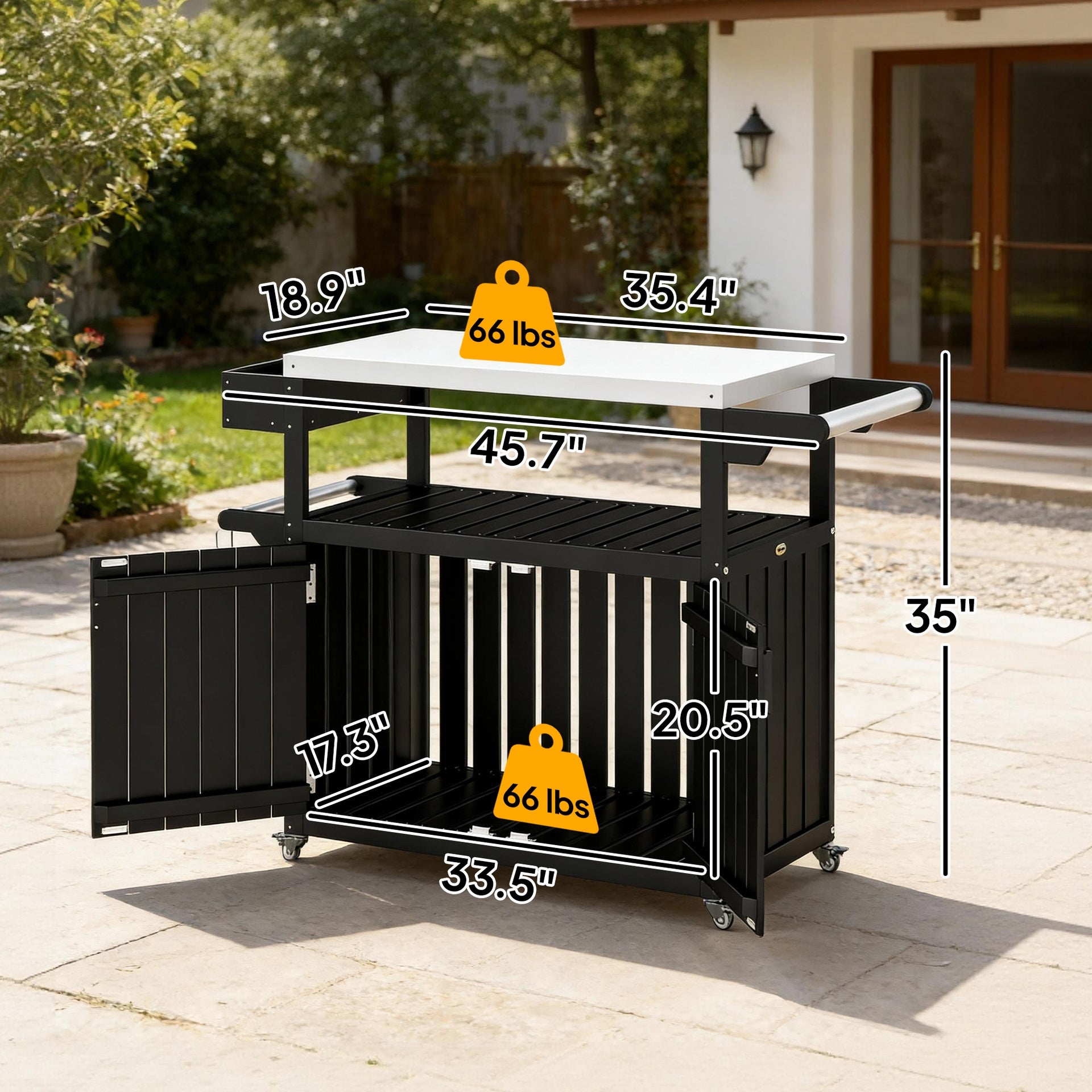 Outsunny Outdoor Bar Cart with Storage, Stainless Steel Outdoor Bar Table Top, Wheeled HDPE Kitchen Island for Food Prep, Black