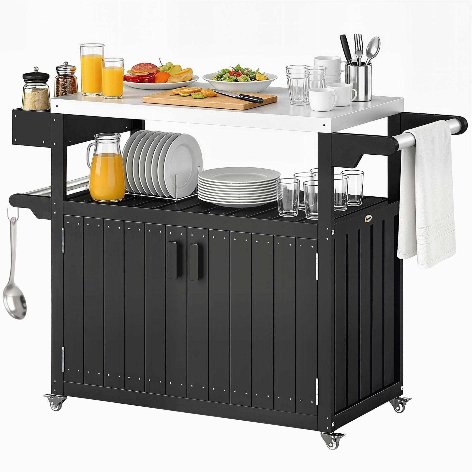 Outsunny Outdoor Bar Cart with Storage, Stainless Steel Outdoor Bar Table Top, Wheeled HDPE Kitchen Island for Food Prep, Black