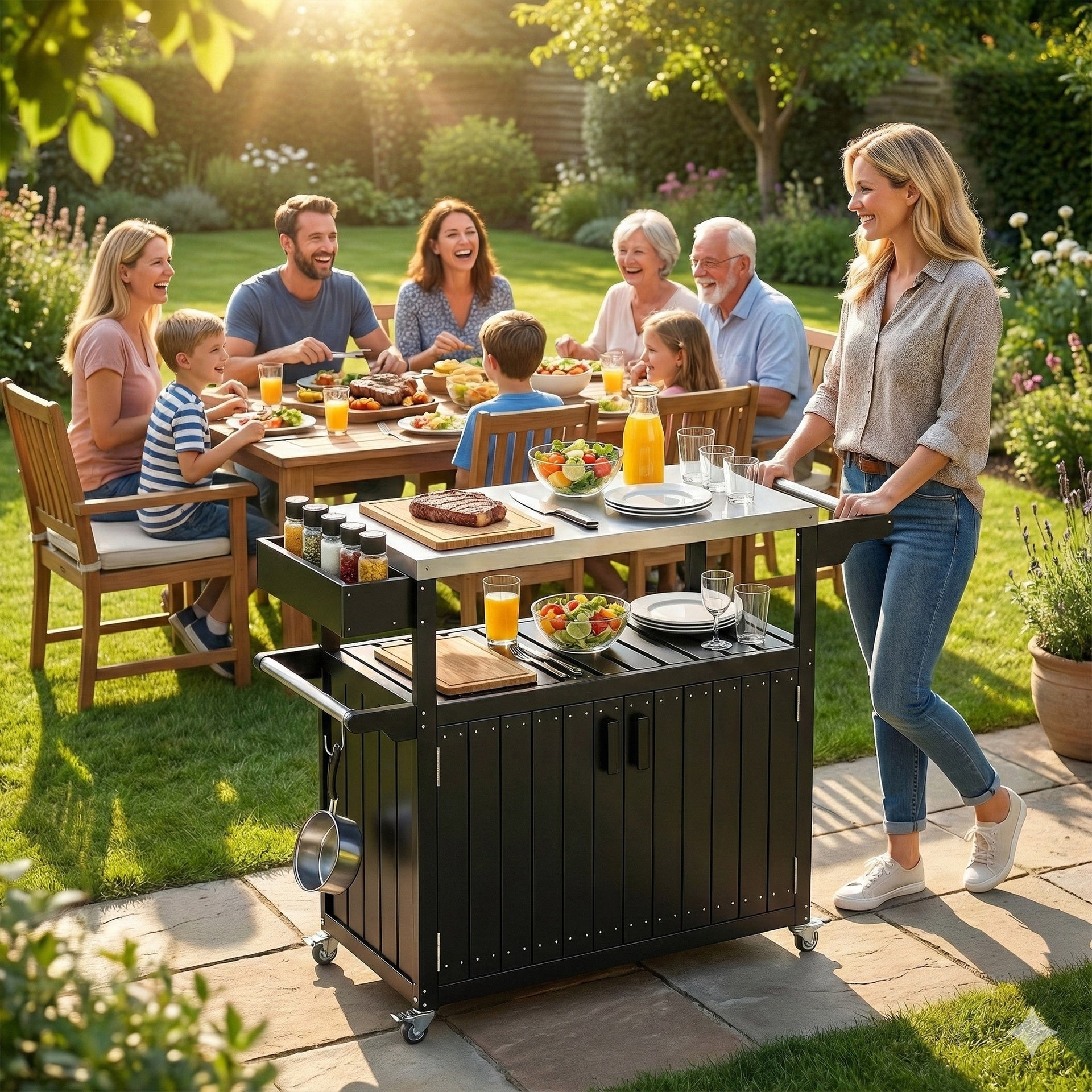 Outsunny Outdoor Bar Cart with Storage, Stainless Steel Outdoor Bar Table Top, Wheeled HDPE Kitchen Island for Food Prep, Black