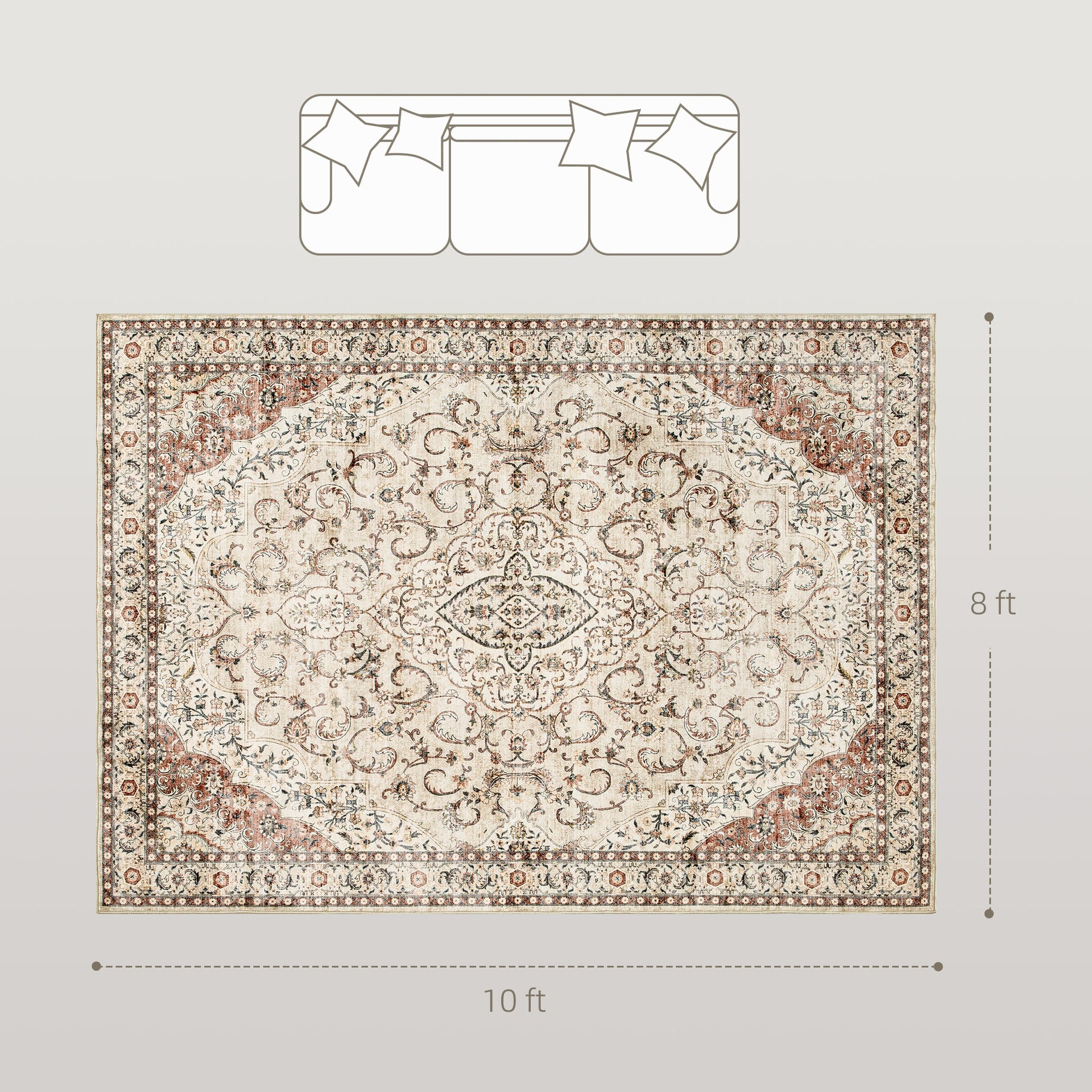 HOMCOM Area Rug 8x10, Machine Washable Rug, Non-Slip Classical Floral Print Floor Carpet for Living Room, Bedroom, Mixed-Brown